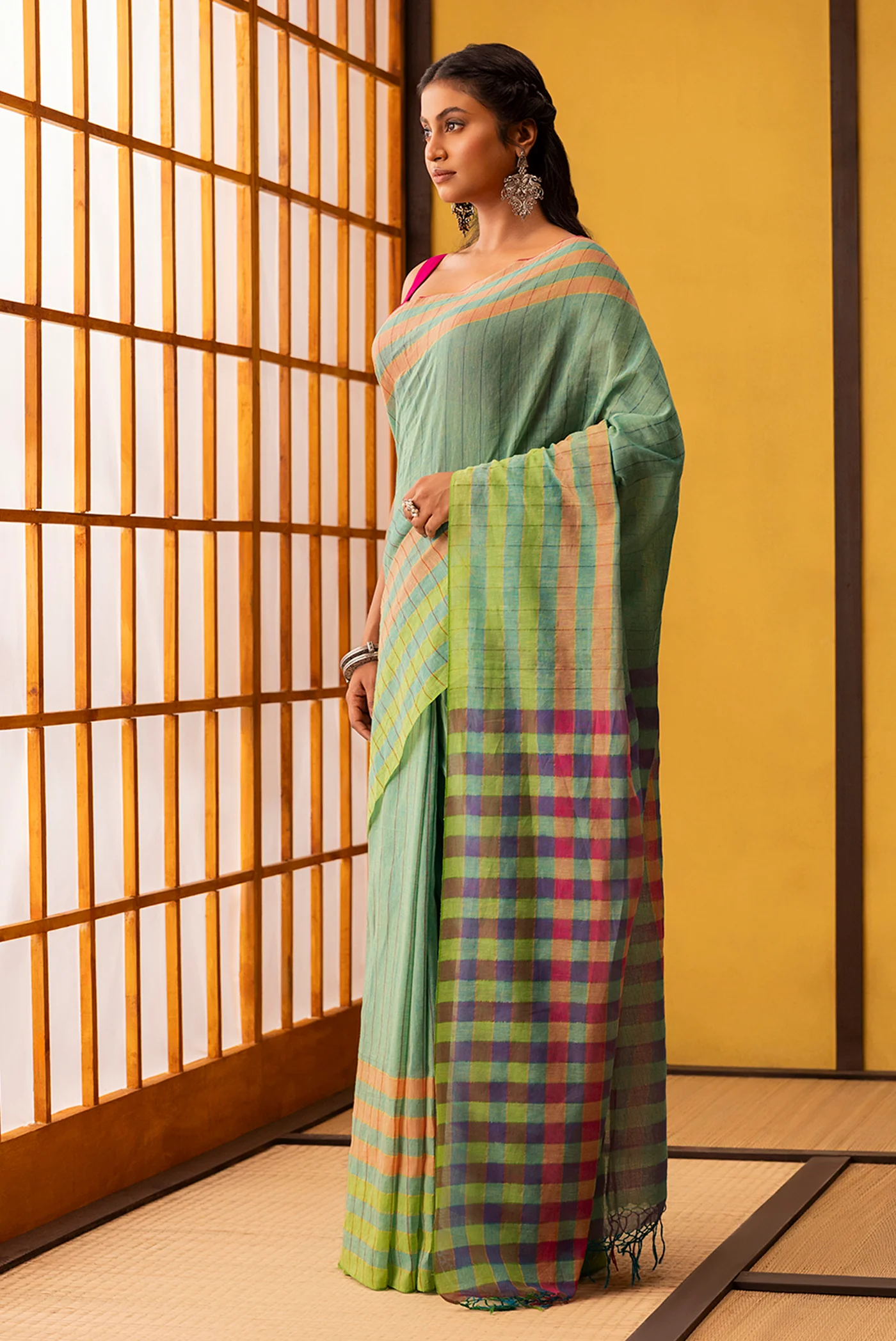 Kuhu-Mint Green Cotton Saree - Image 3