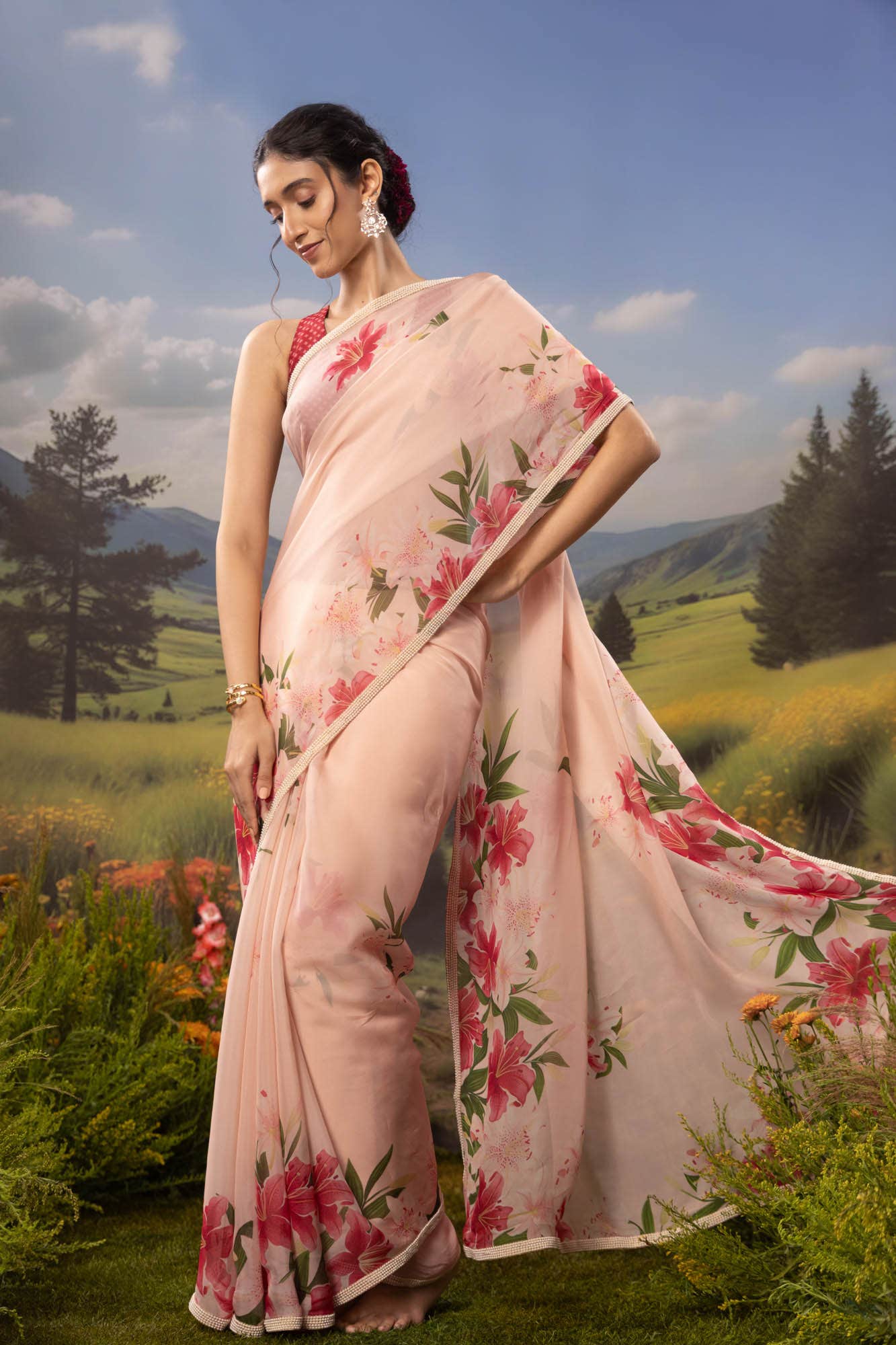 Language of Lilies-Beige Organza Silk Saree - Image 2
