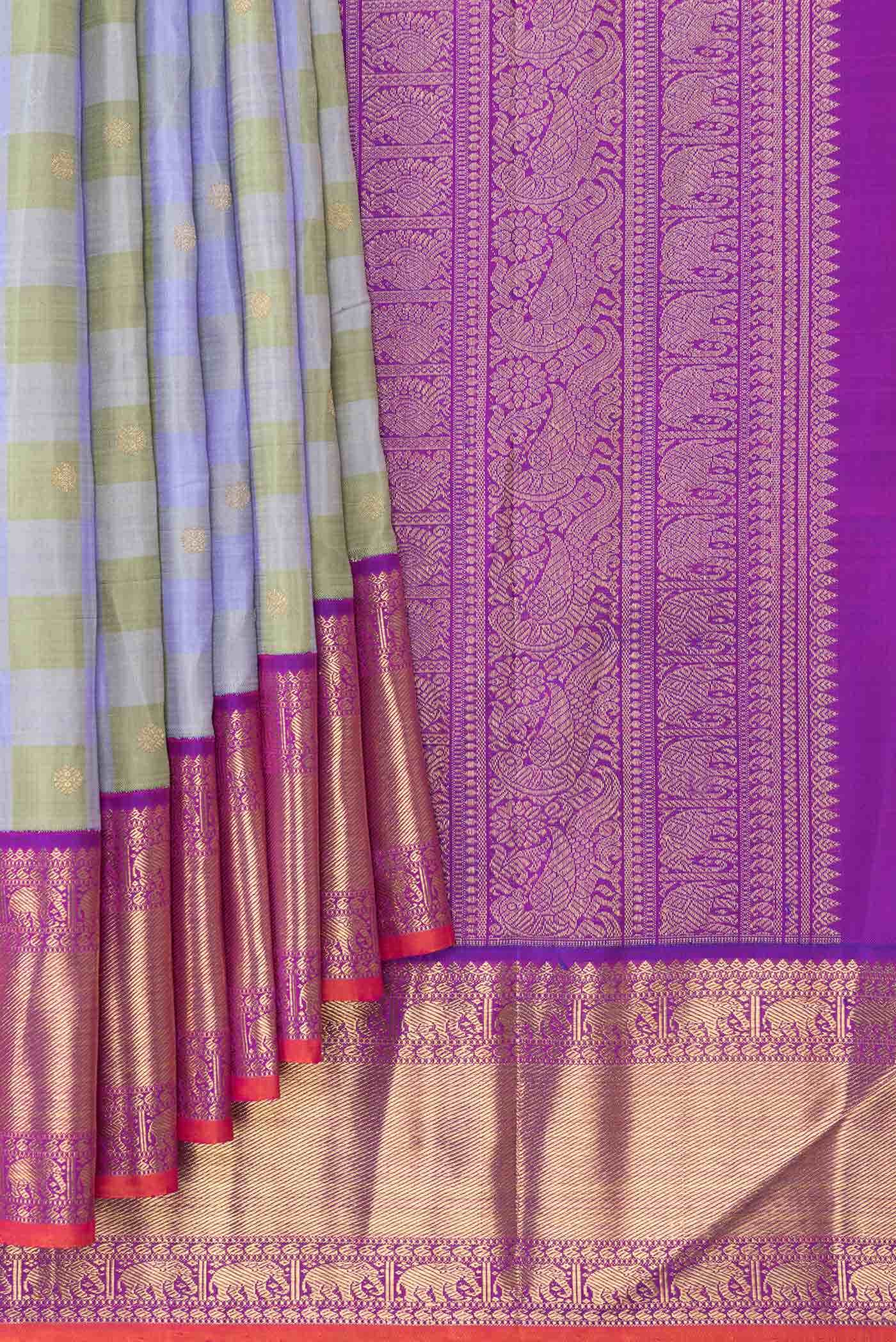 Pure Silk Pure Zari Lavender and Green Dual Tone Kanjivaram Saree - Image 2