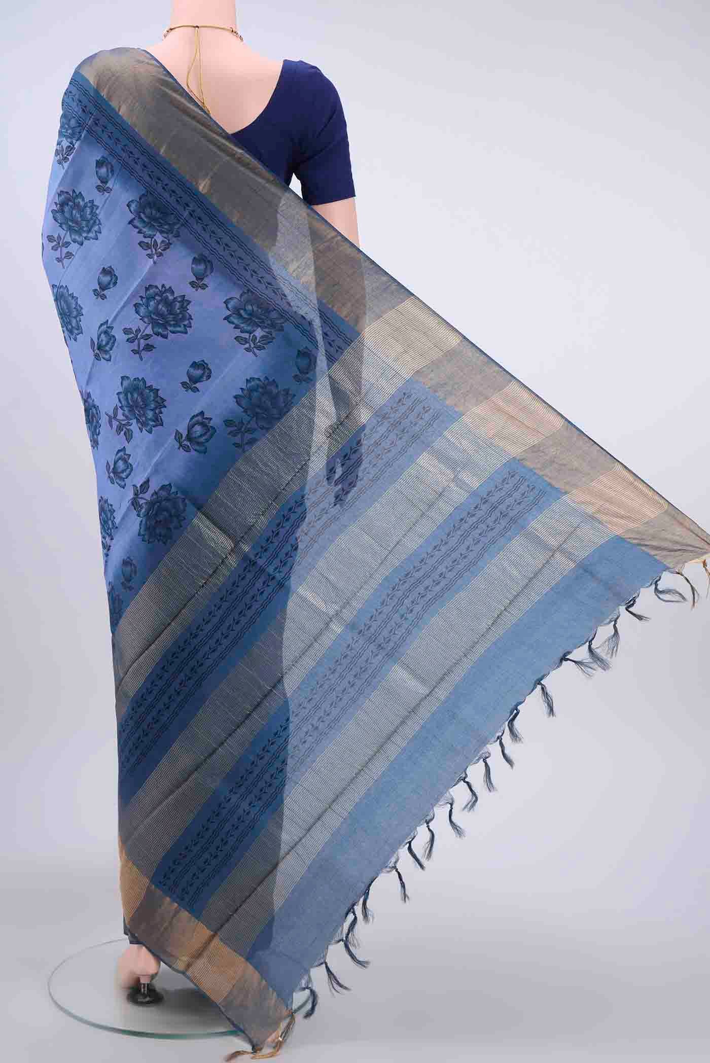 Blue Tussar Silk Saree - Image 3