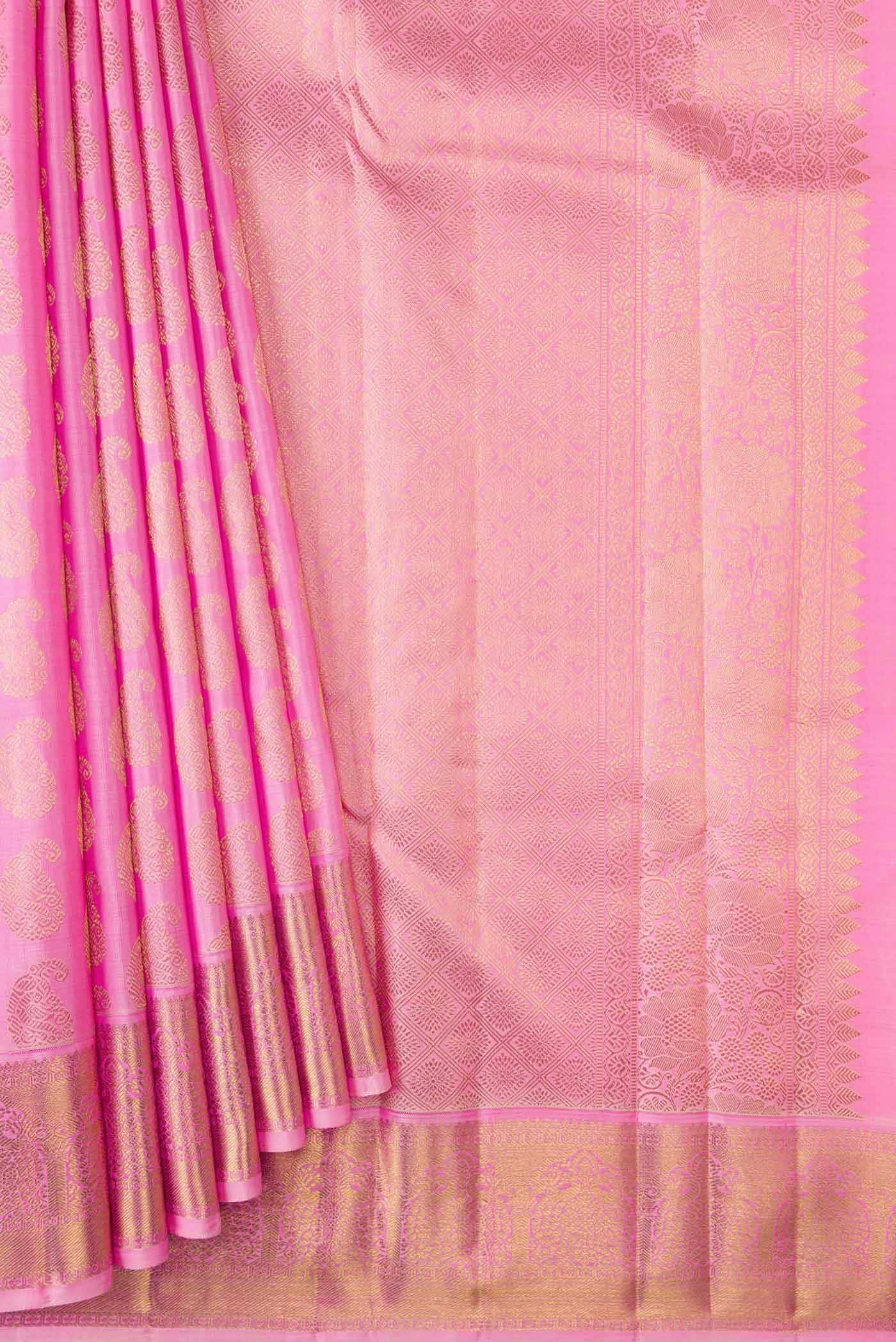 Pure Silk Pure Zari Rose pink Kanjivaram Saree - Image 2