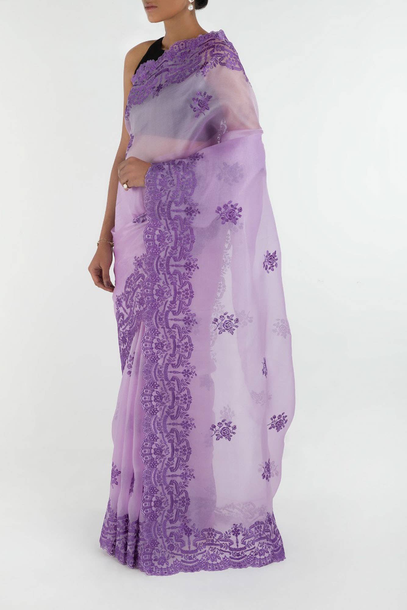 Romance of the Roses Lavender floral design saree from Embroidered Romance Collection by Nalli - Image 4