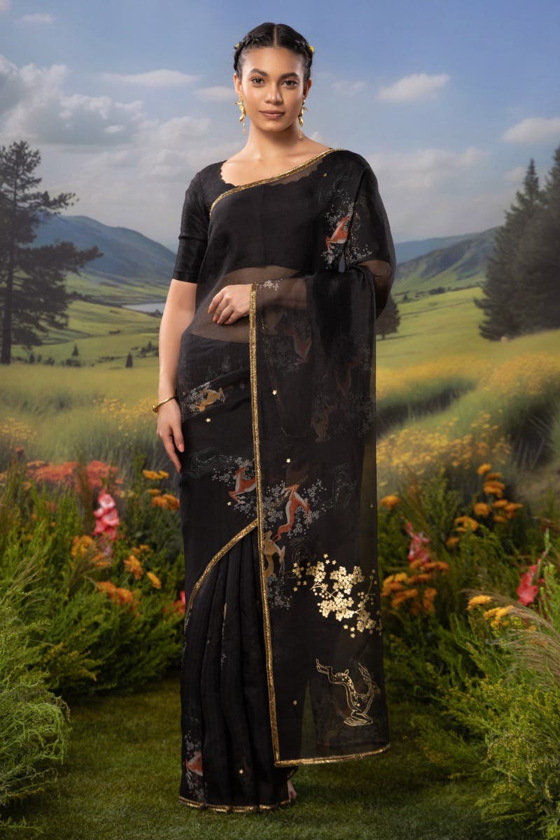 Leaping Deer-Black Pure Organza Silk Saree - Image 2