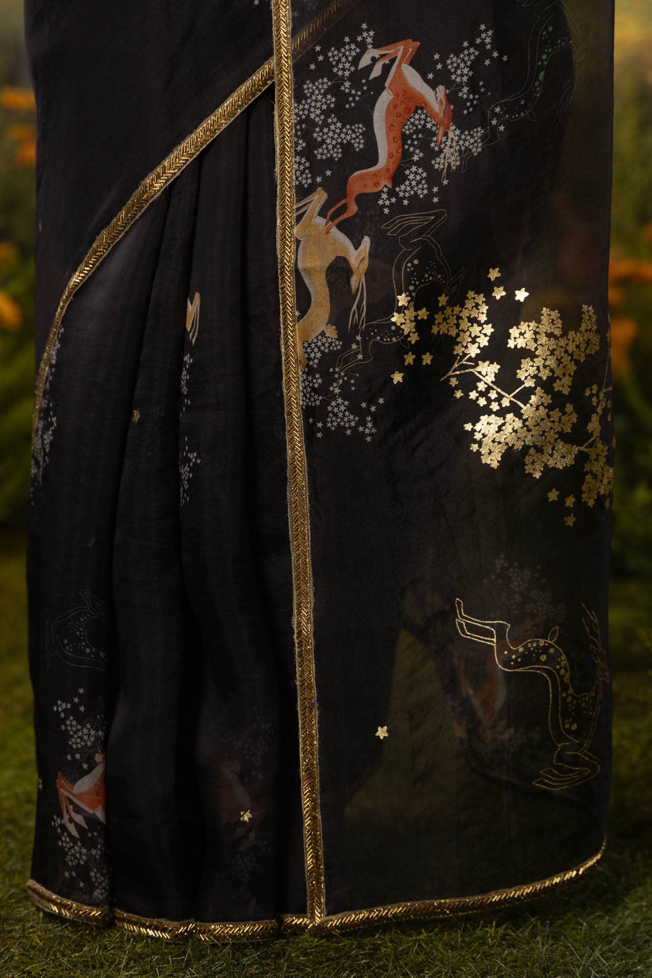 Leaping Deer-Black Pure Organza Silk Saree - Image 4