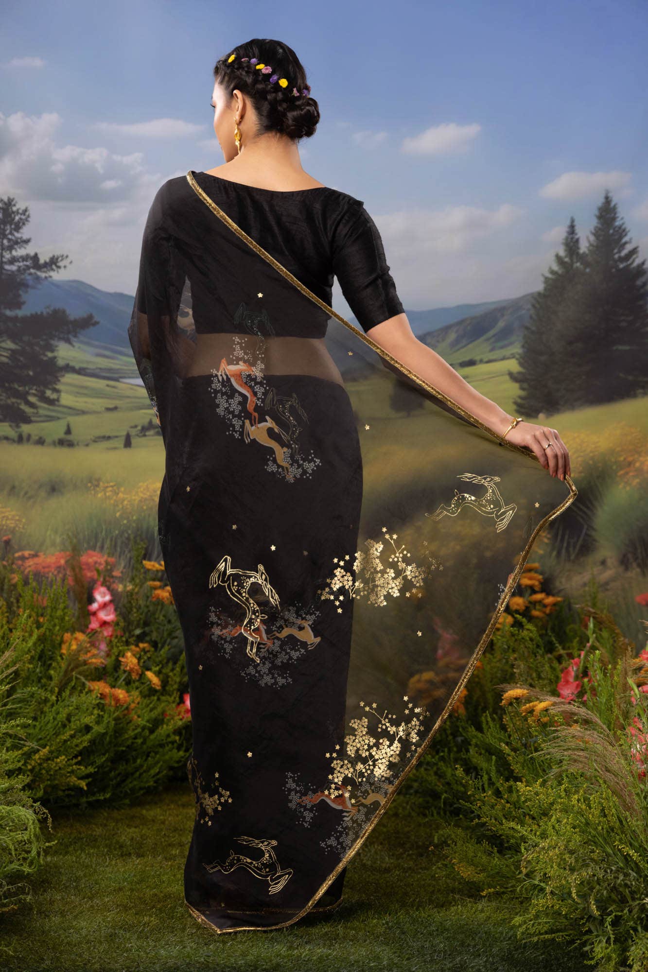 Leaping Deer-Black Pure Organza Silk Saree - Image 6