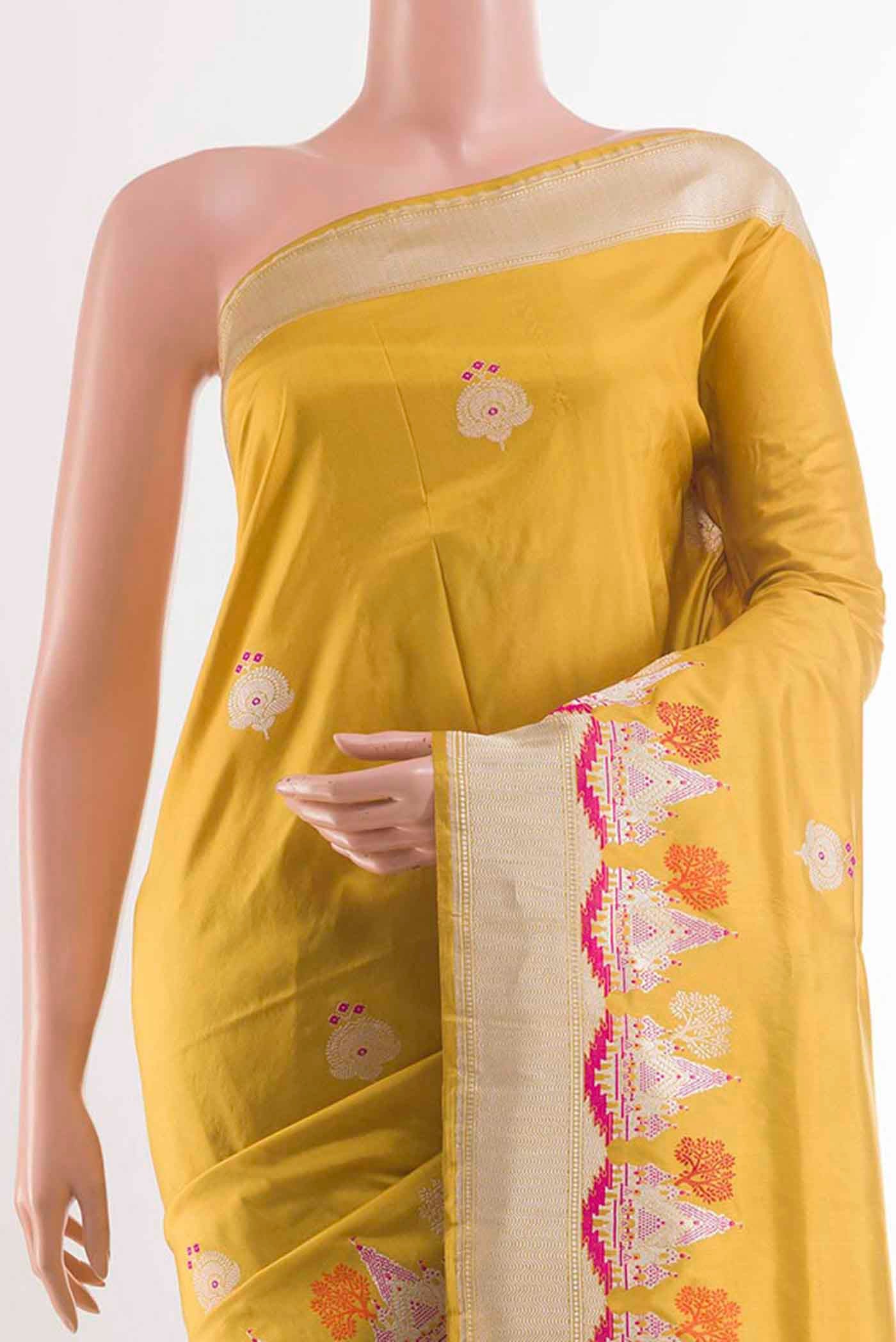 Lemon Yellow Banarasi Silk Saree - Image 2