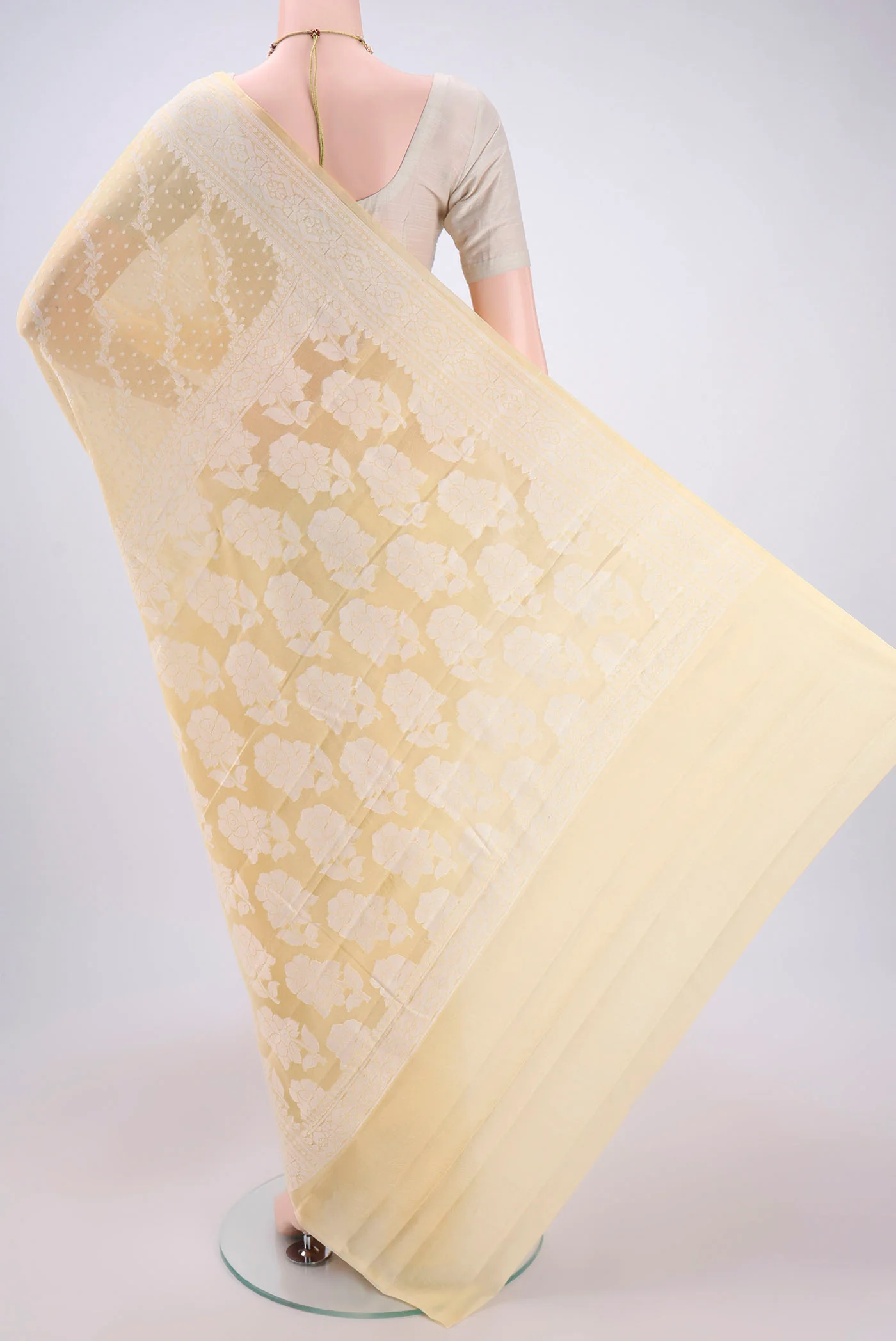 Lemon Yellow Blended Banarasi Georgette Saree - Image 3