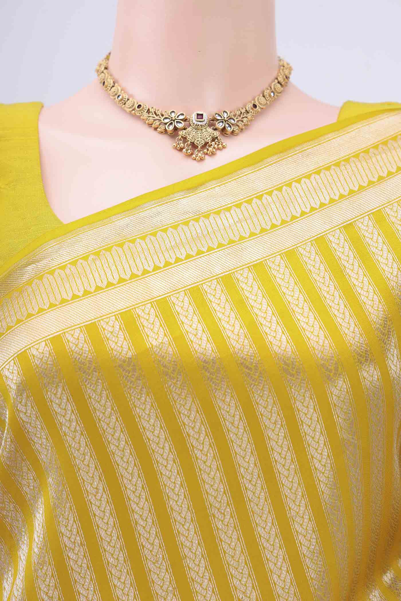 Lemon Yellow Dual Tone Banarasi Silk Saree - Image 2