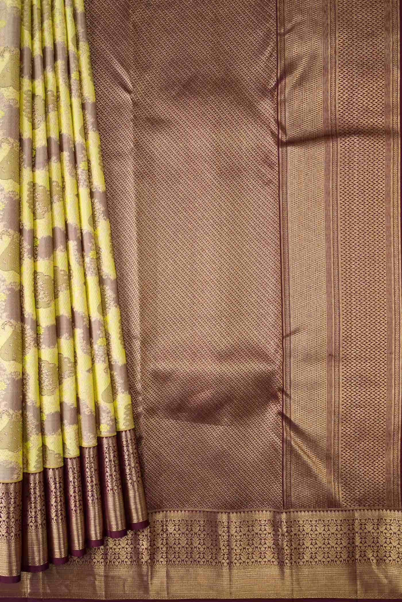 Lemon Yellow Dual Tone Kanchipuram Silk Saree - Image 2
