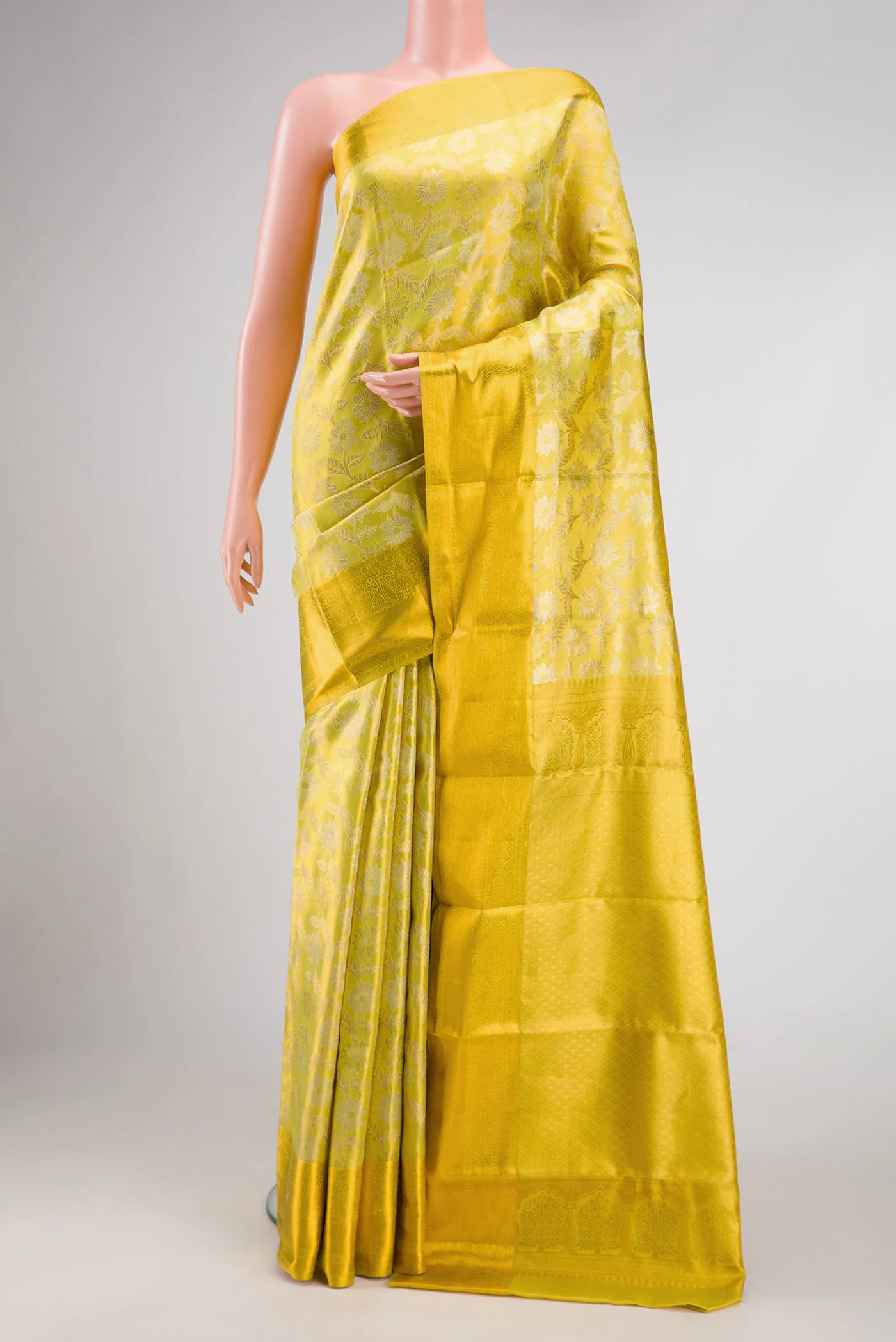 Lemon Yellow Dual Tone Kanchipuram Tissue Silk Saree