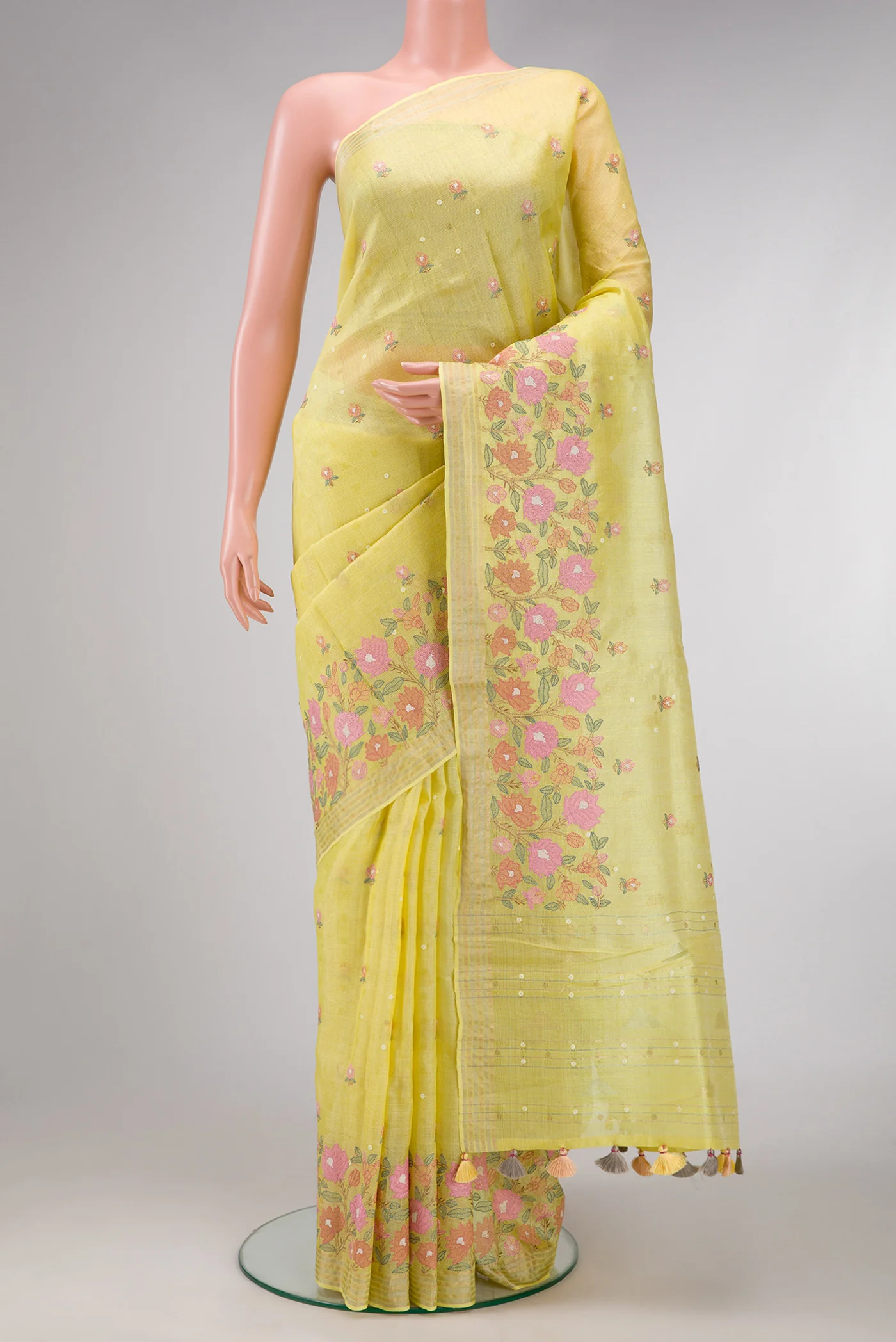 Lemon Yellow Tussar Silk Saree