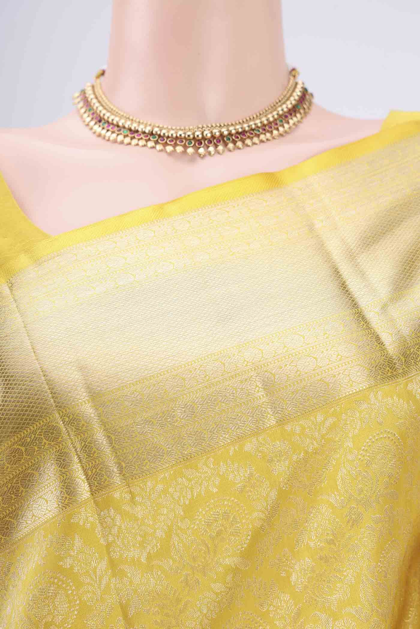 Lemon Yellow Kanchipuram Silk Saree - Image 2