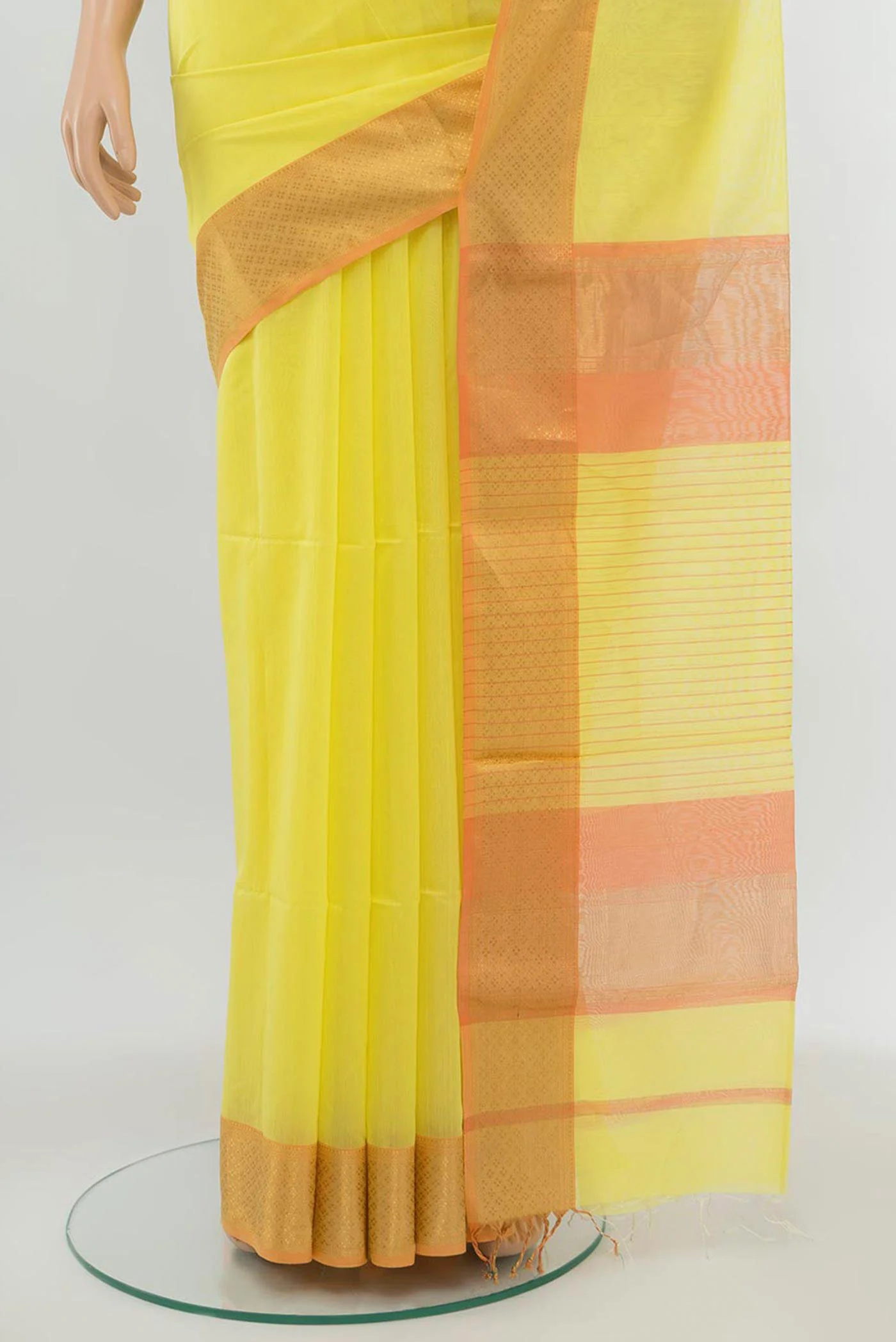 Lemon Yellow Maheshwari Silk Cotton Saree - Image 3