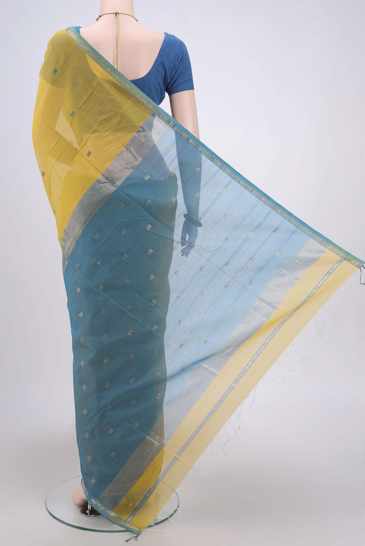 Lemon Yellow Maheshwari Silk Cotton Saree - Image 3