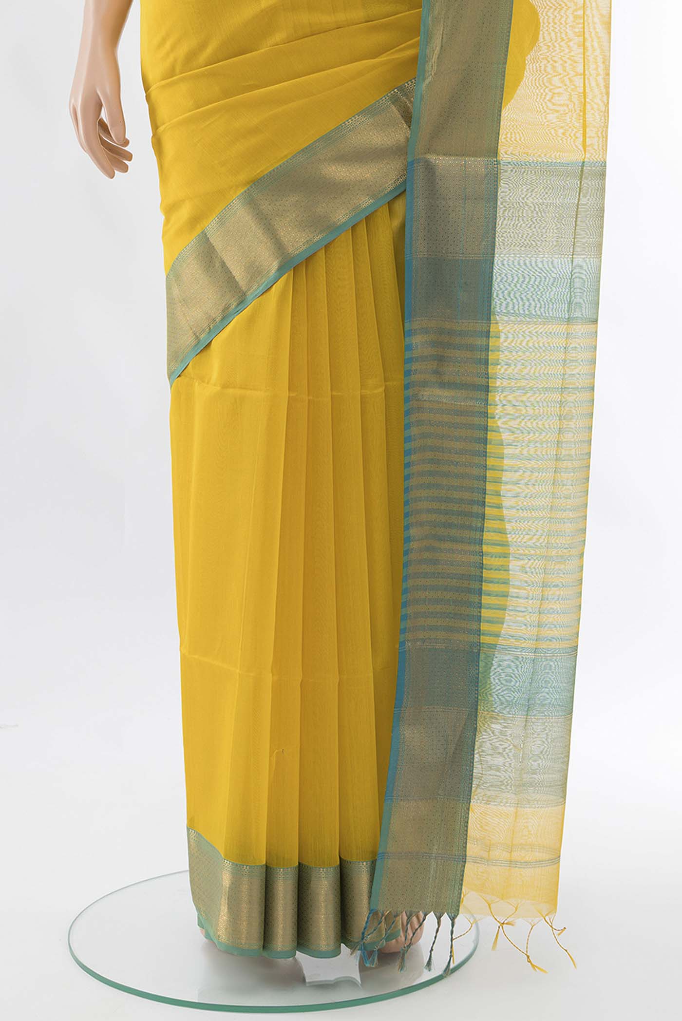 Lemon Yellow Maheshwari Silk Cotton Saree - Image 3