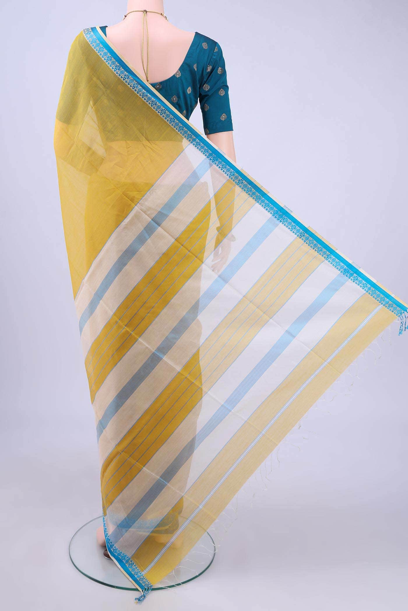 Lemon Yellow Maheshwari Silk Cotton Saree - Image 2
