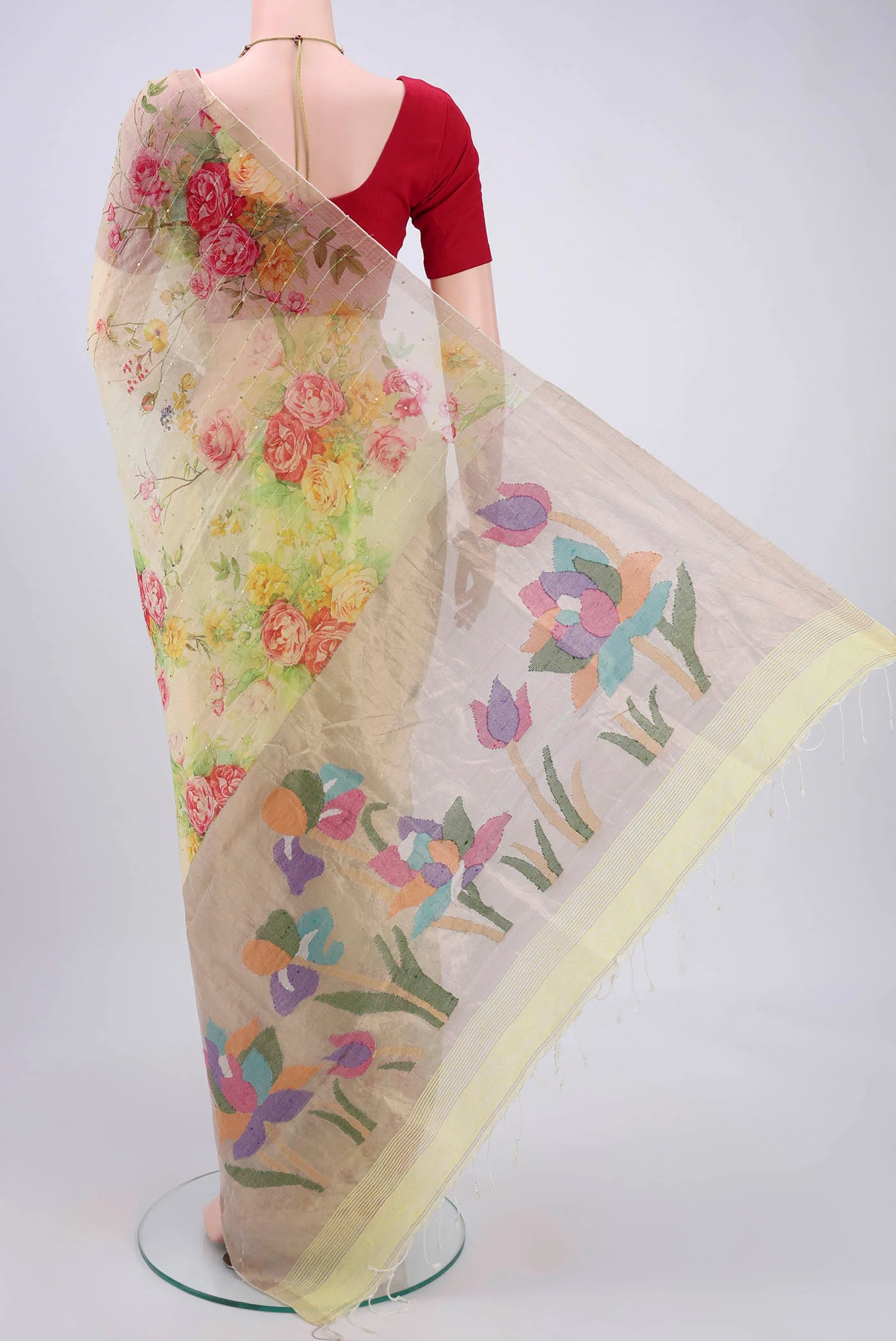 Lemon Yellow Organza Silk Saree - Image 3
