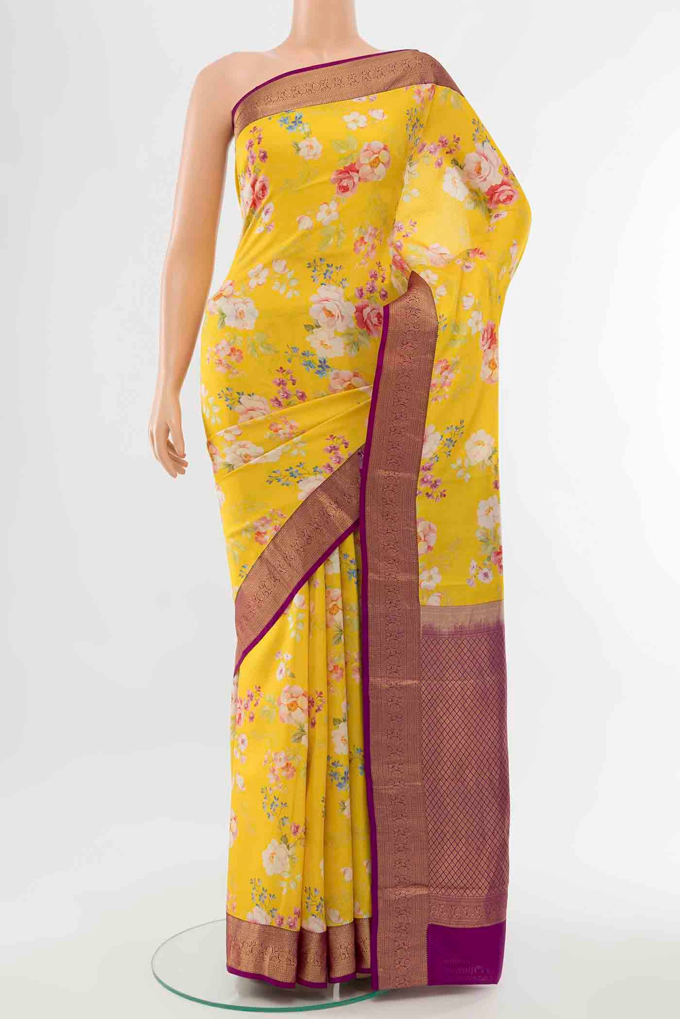 Lemon Yellow Printed Silk Saree
