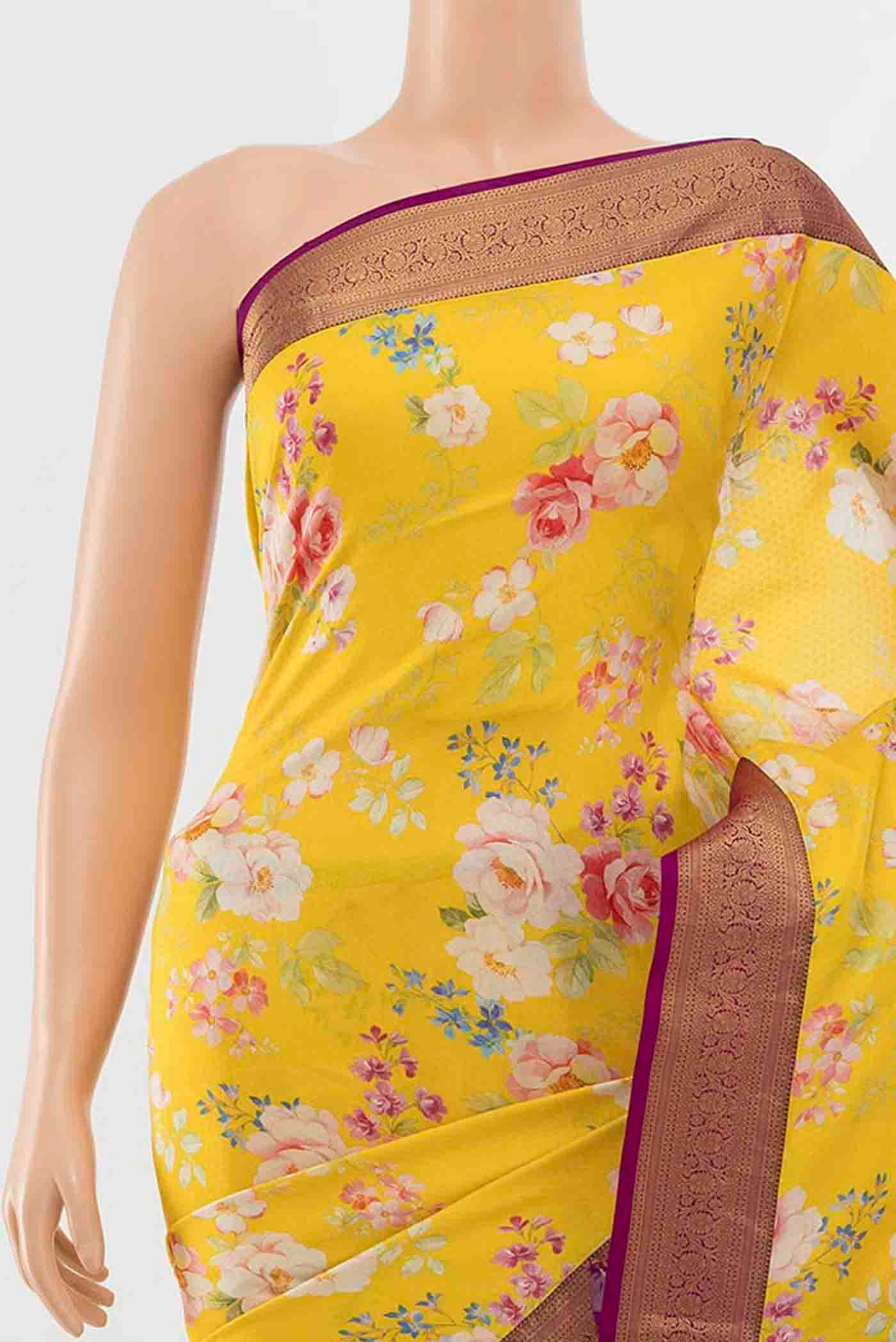 Lemon Yellow Printed Silk Saree - Image 2