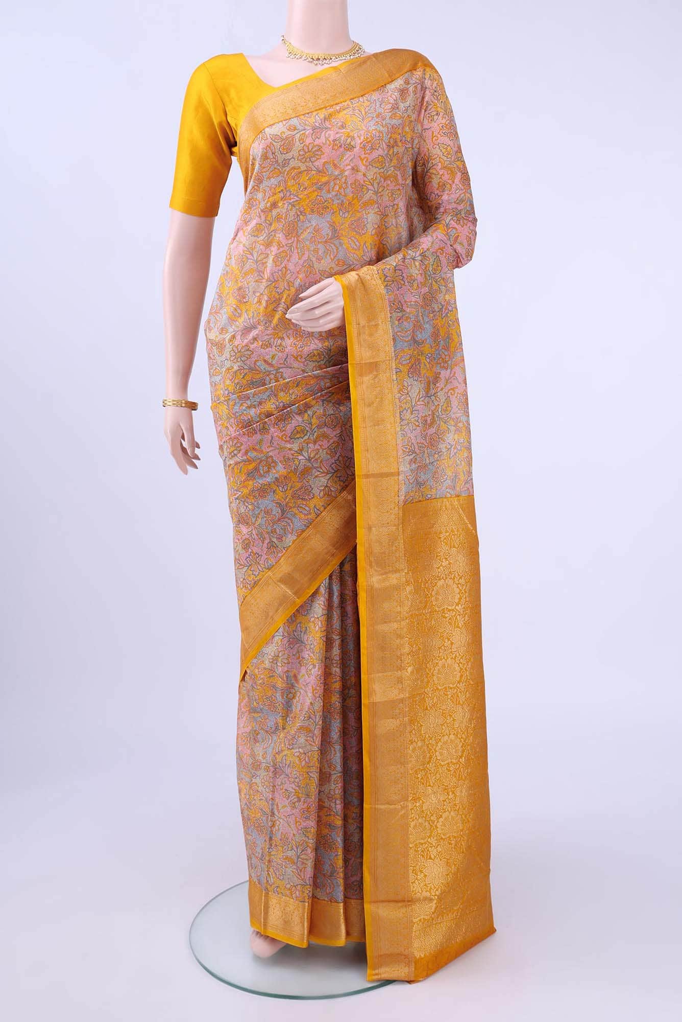 Lemon Yellow Printed Silk Saree