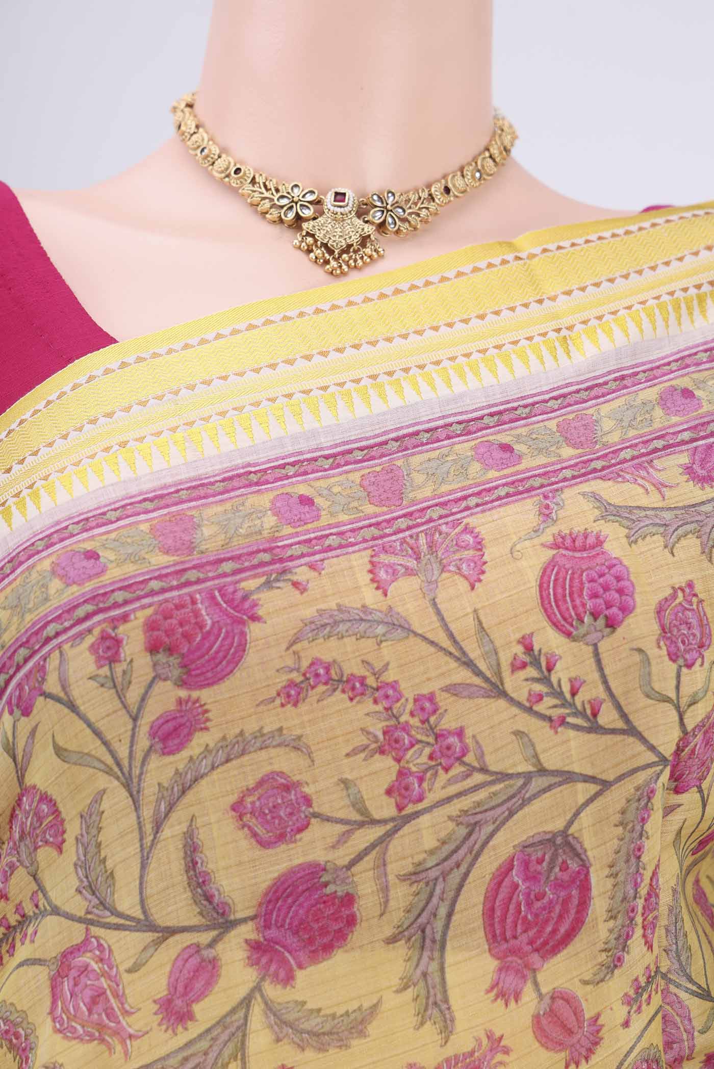 Lemon Yellow Tussar Silk Saree - Image 2