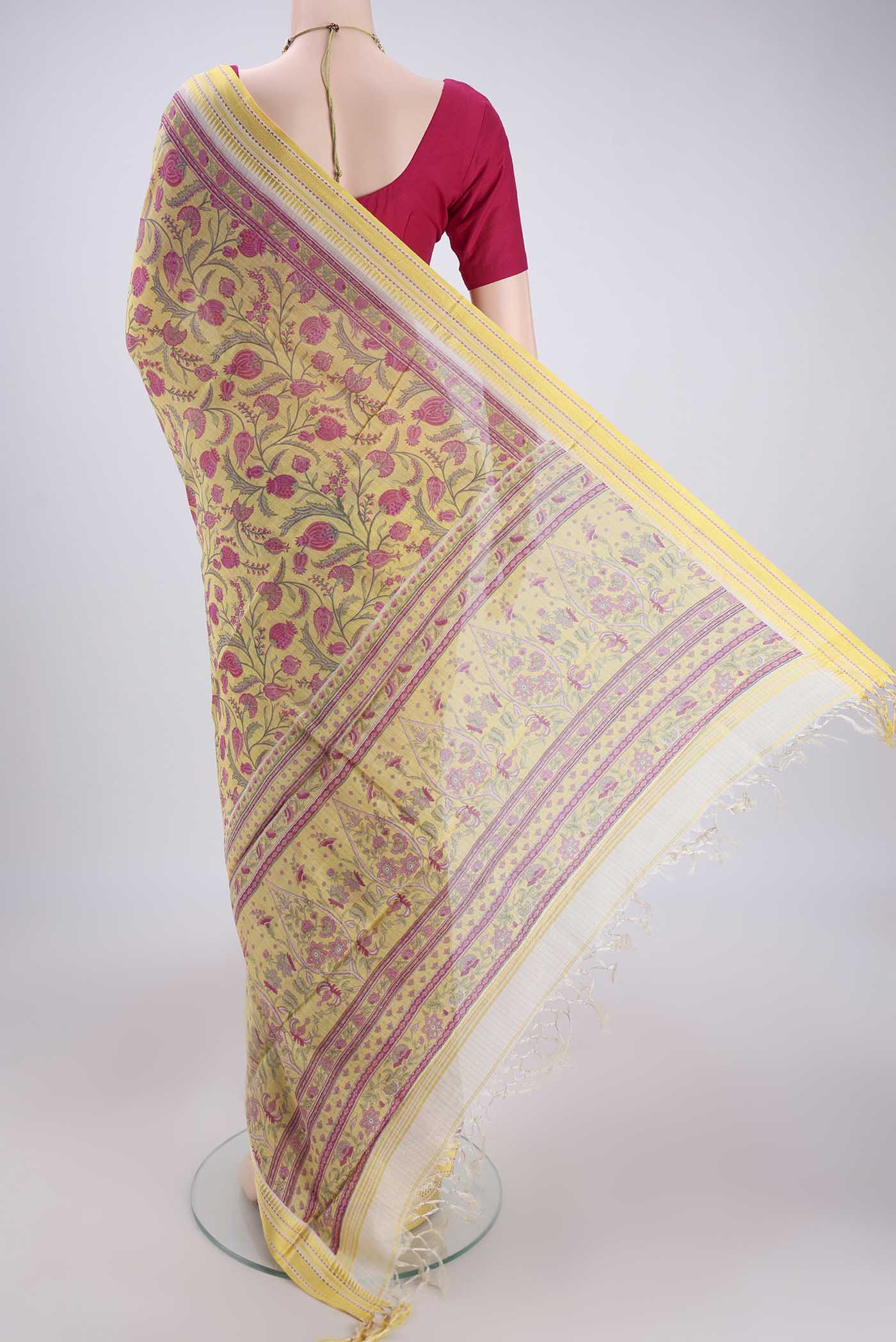 Lemon Yellow Tussar Silk Saree - Image 3
