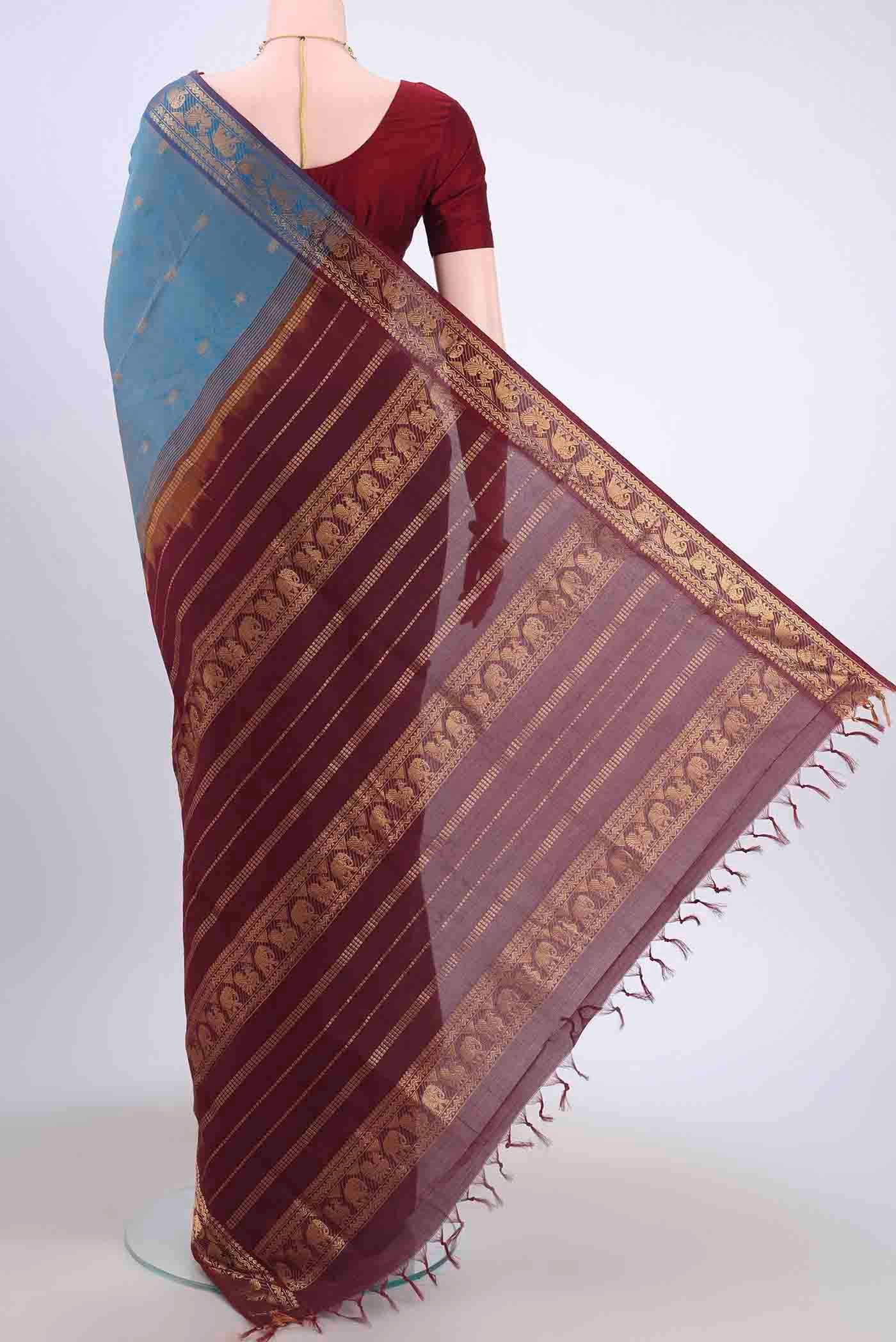 Light Blue Blended Poly Cotton Saree - Image 3