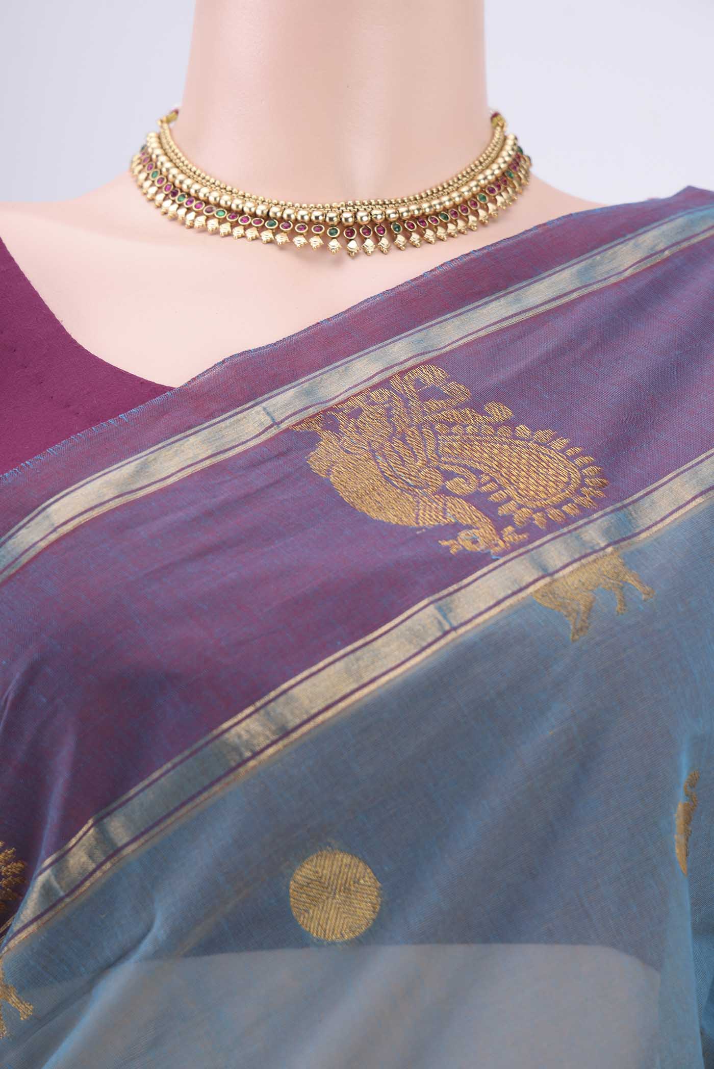 Light Blue Coimbatore Cotton Saree - Image 2