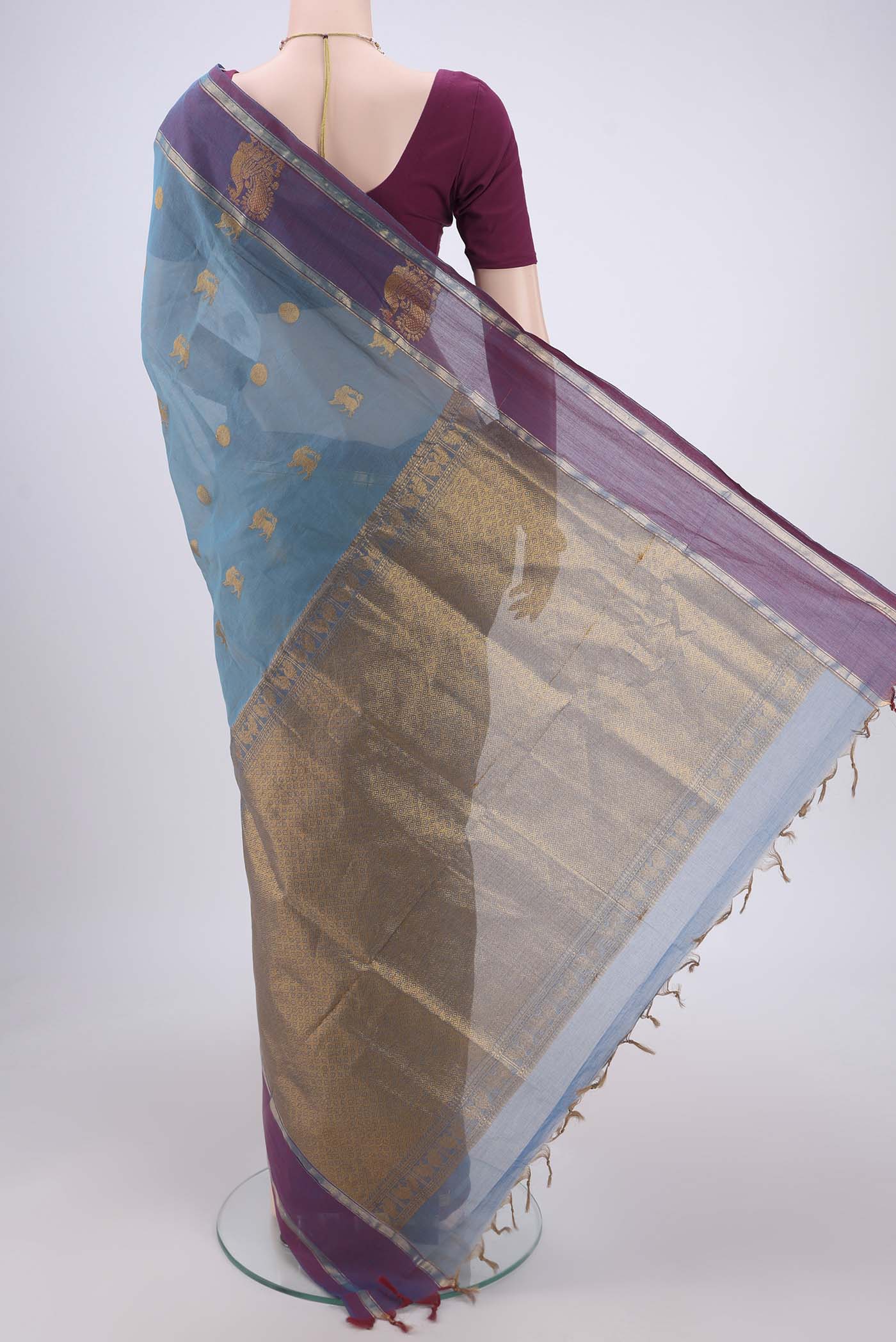 Light Blue Coimbatore Cotton Saree - Image 3