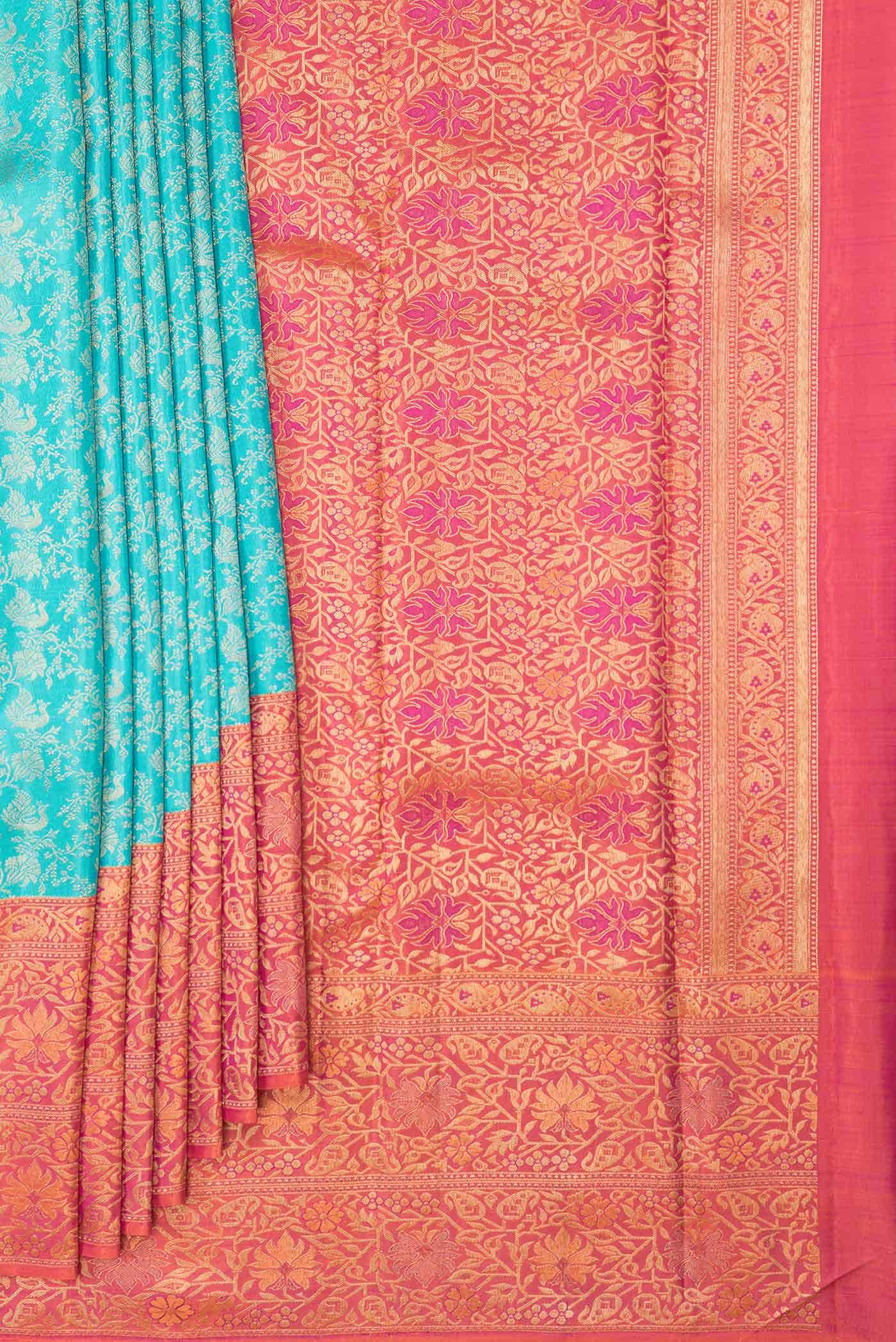 Pure Silk Pure Zari Light Blue Dual Tone Kanjivaram Saree - Image 2