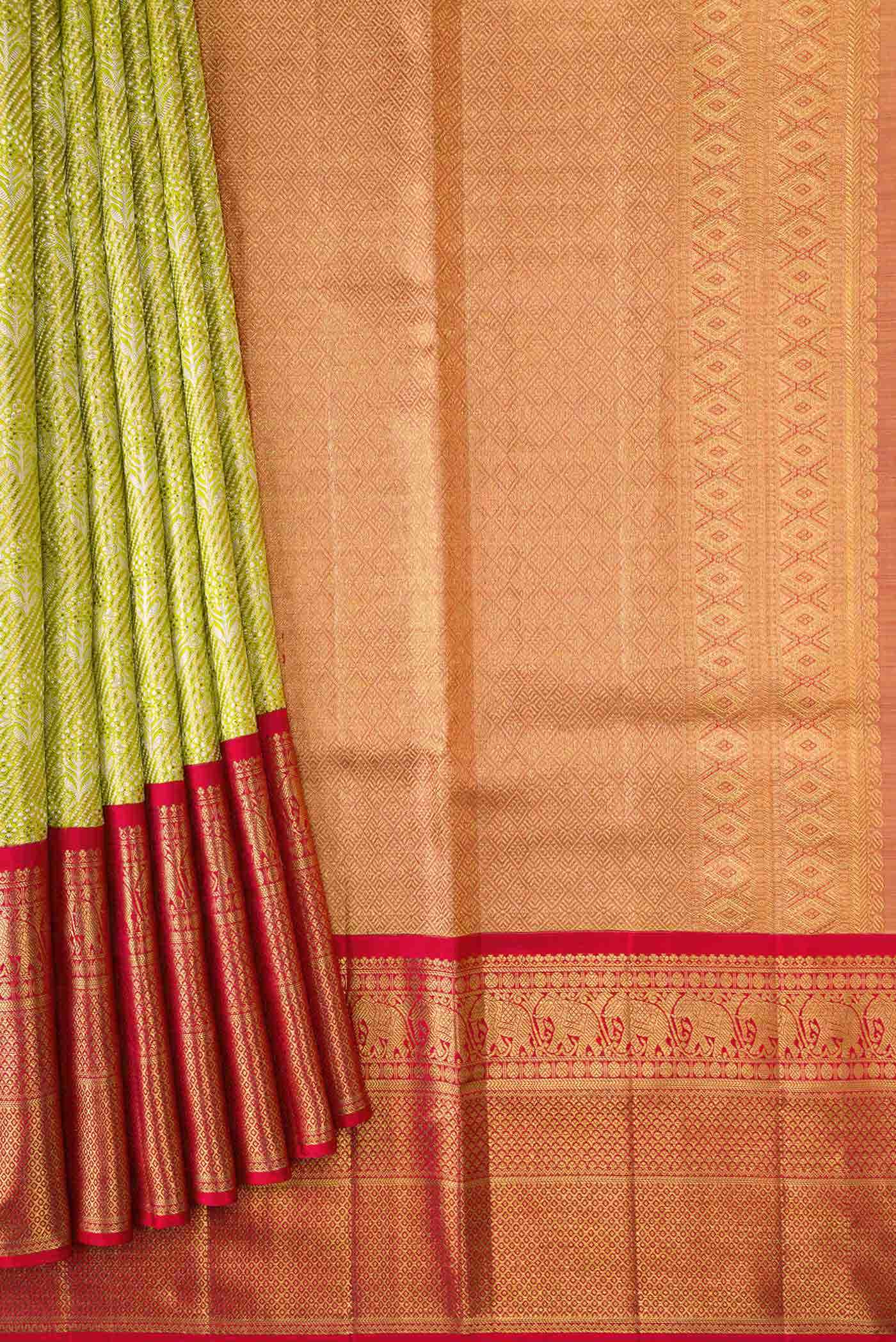Light Green Dual Tone Kanjivaram Tissue Silk Saree - Image 2