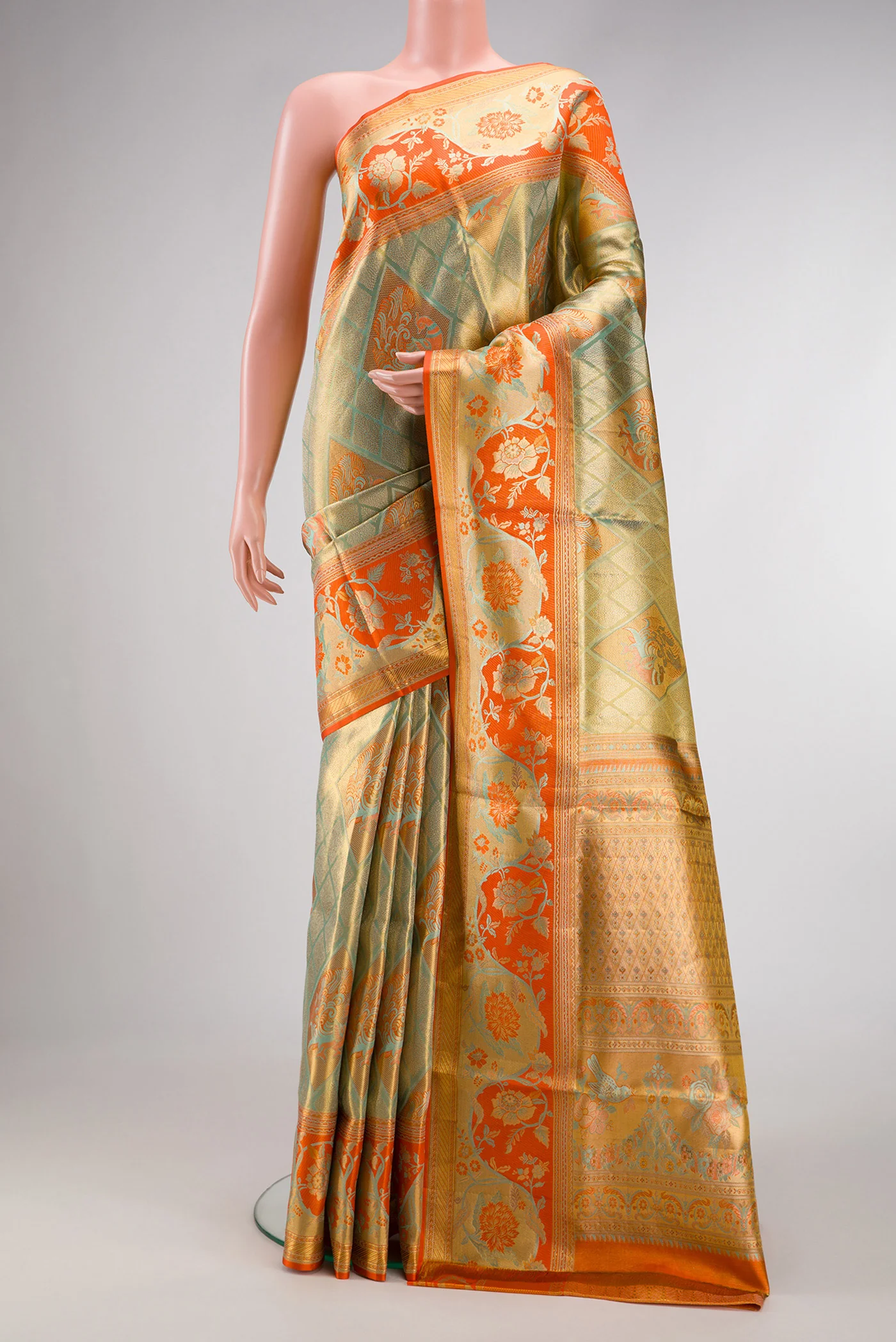 Light Green Dual Tone Kanjivaram Tissue Silk Saree