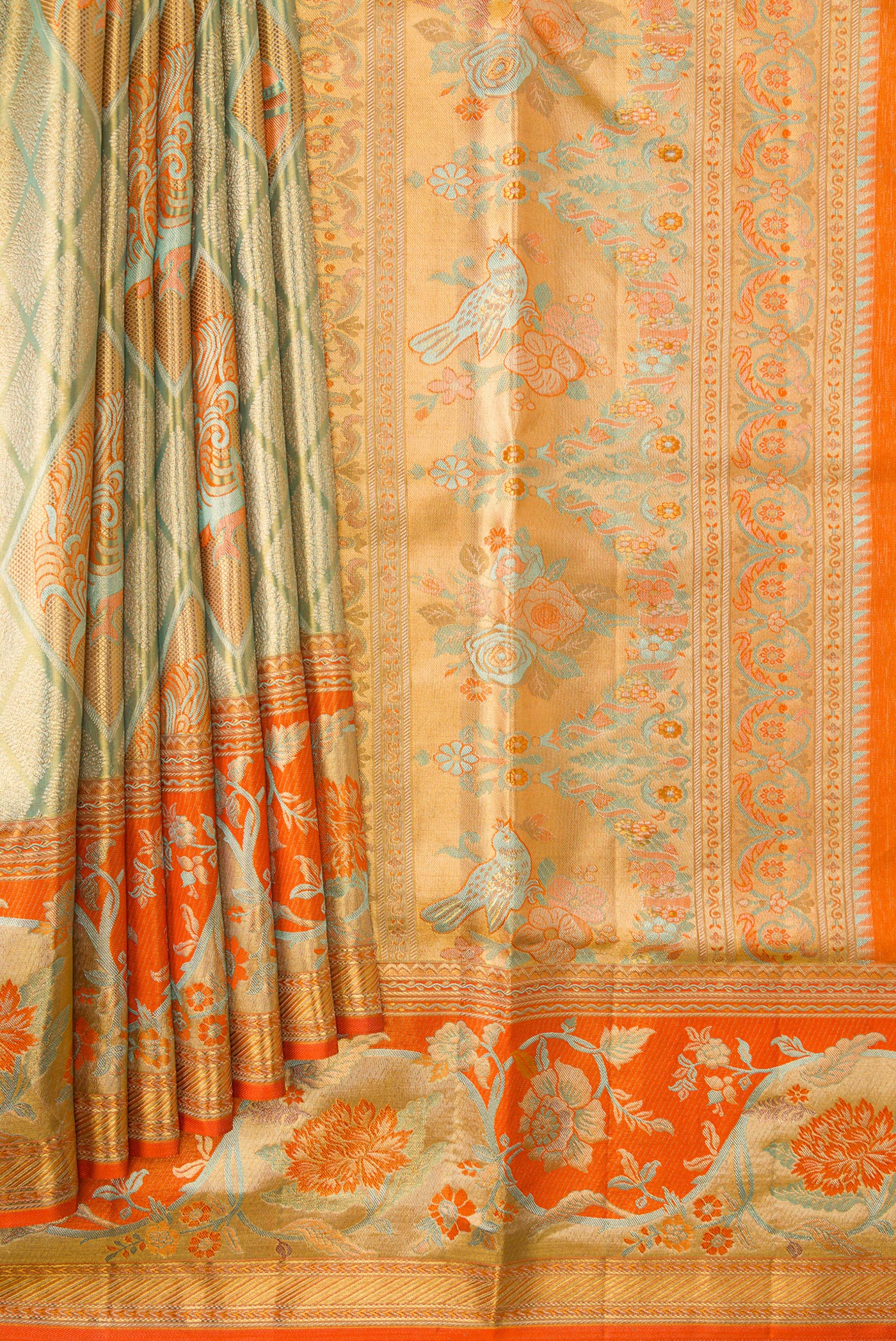 Light Green Dual Tone Kanjivaram Tissue Silk Saree - Image 4