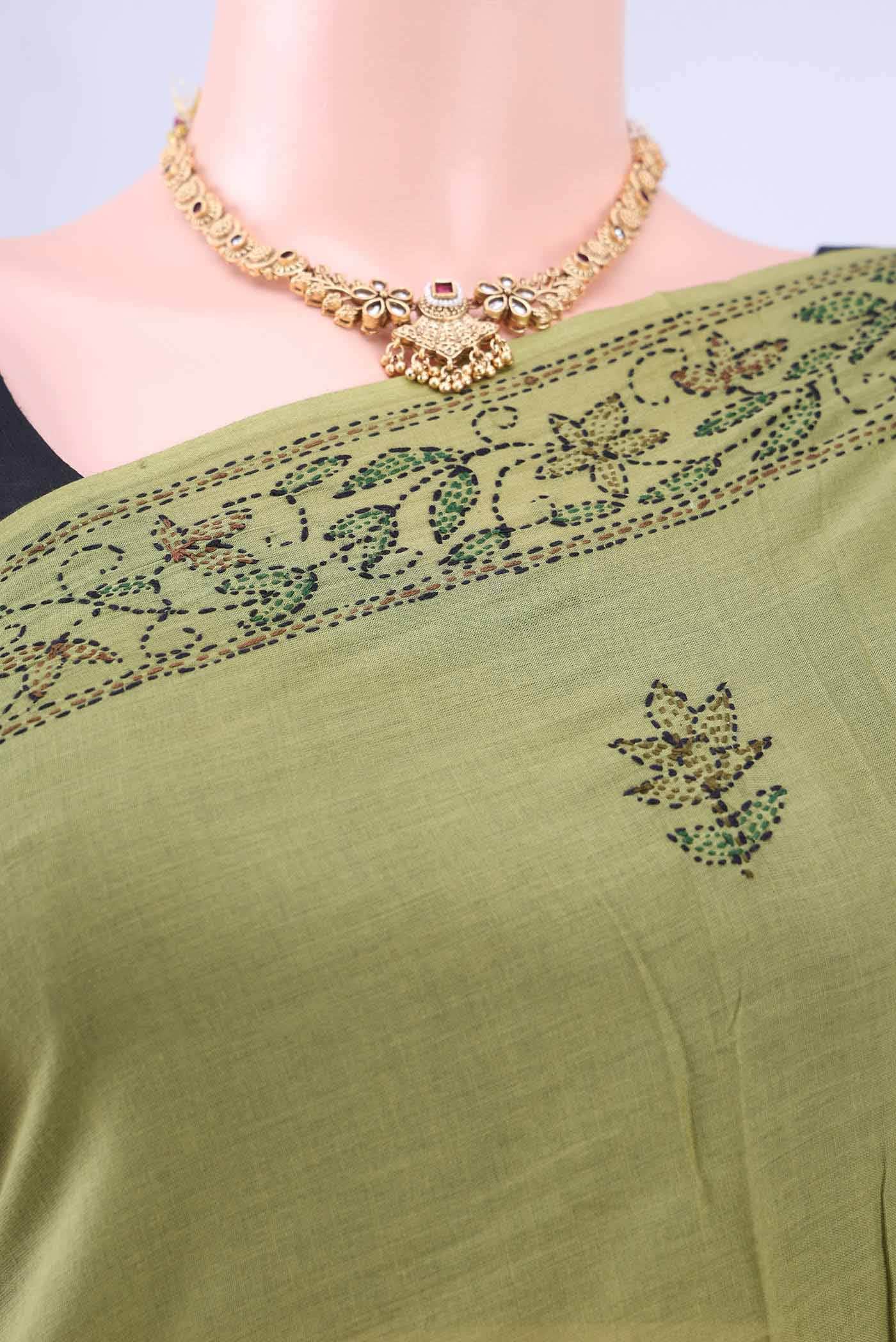Light Green Kantha Silk Saree - Image 3