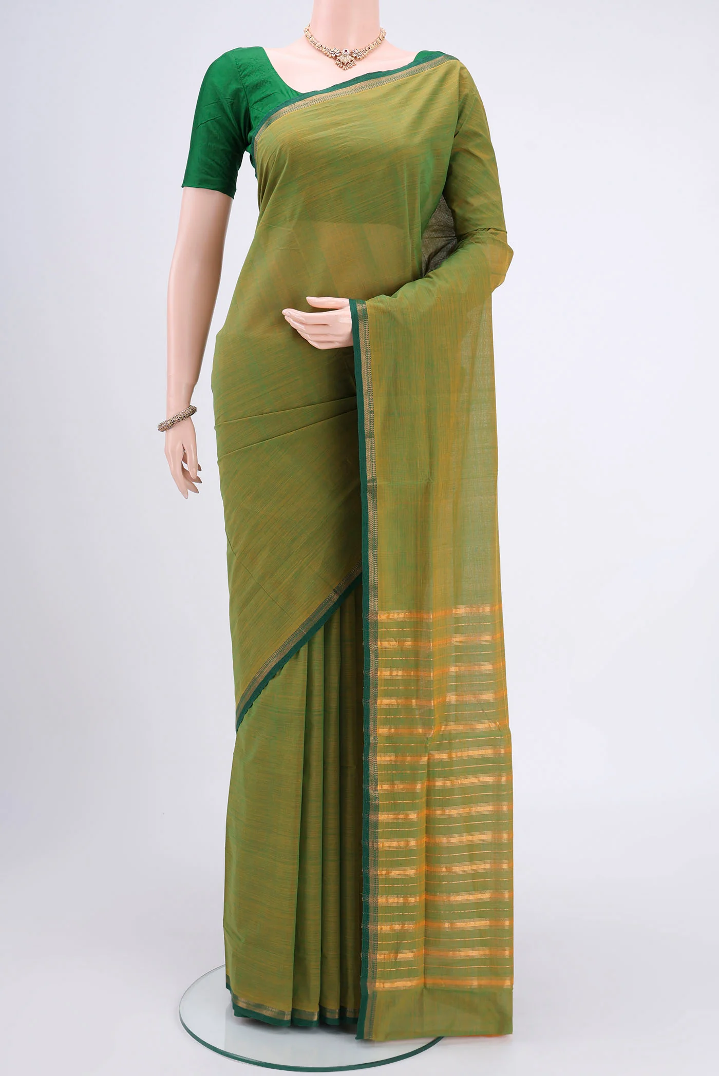 Green with Yellow Color Mangalagiri Cotton Saree