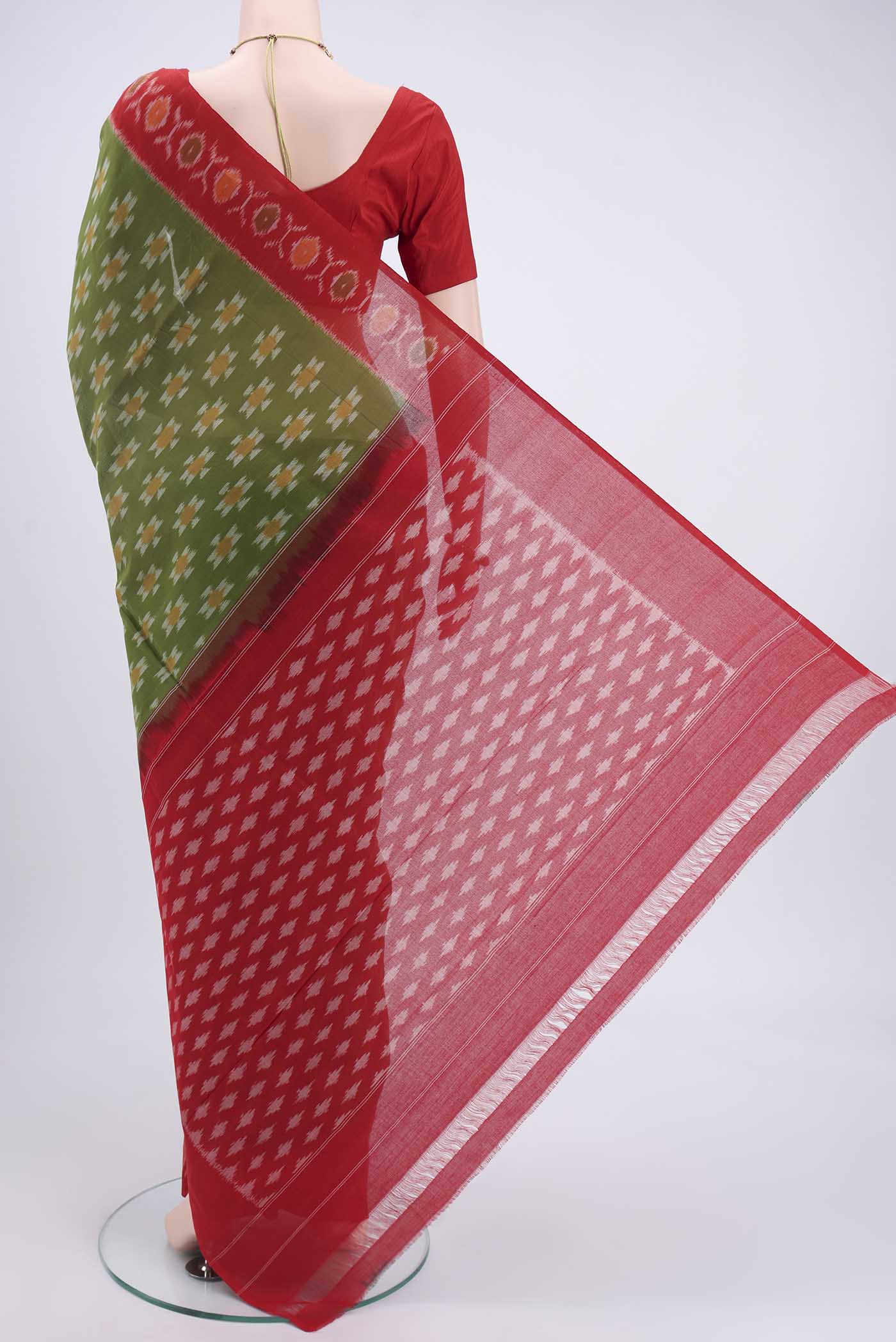 Green Pochampally Cotton Saree - Image 3