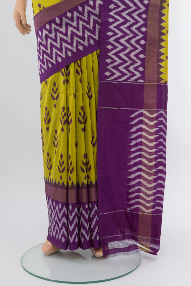 Lemon Yellow Pochampally Silk Saree - Image 3