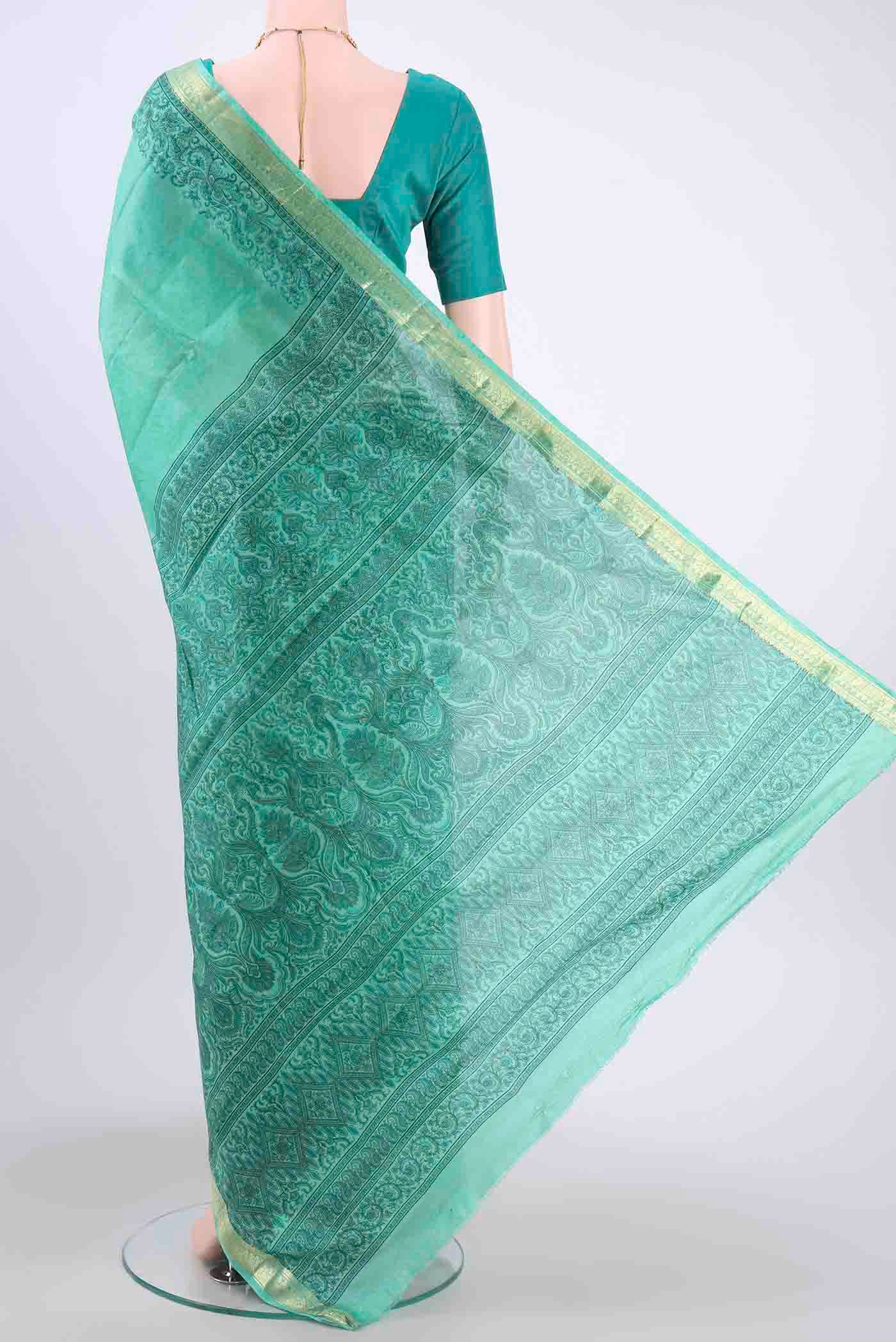 Light Green Printed Silk Saree - Image 3