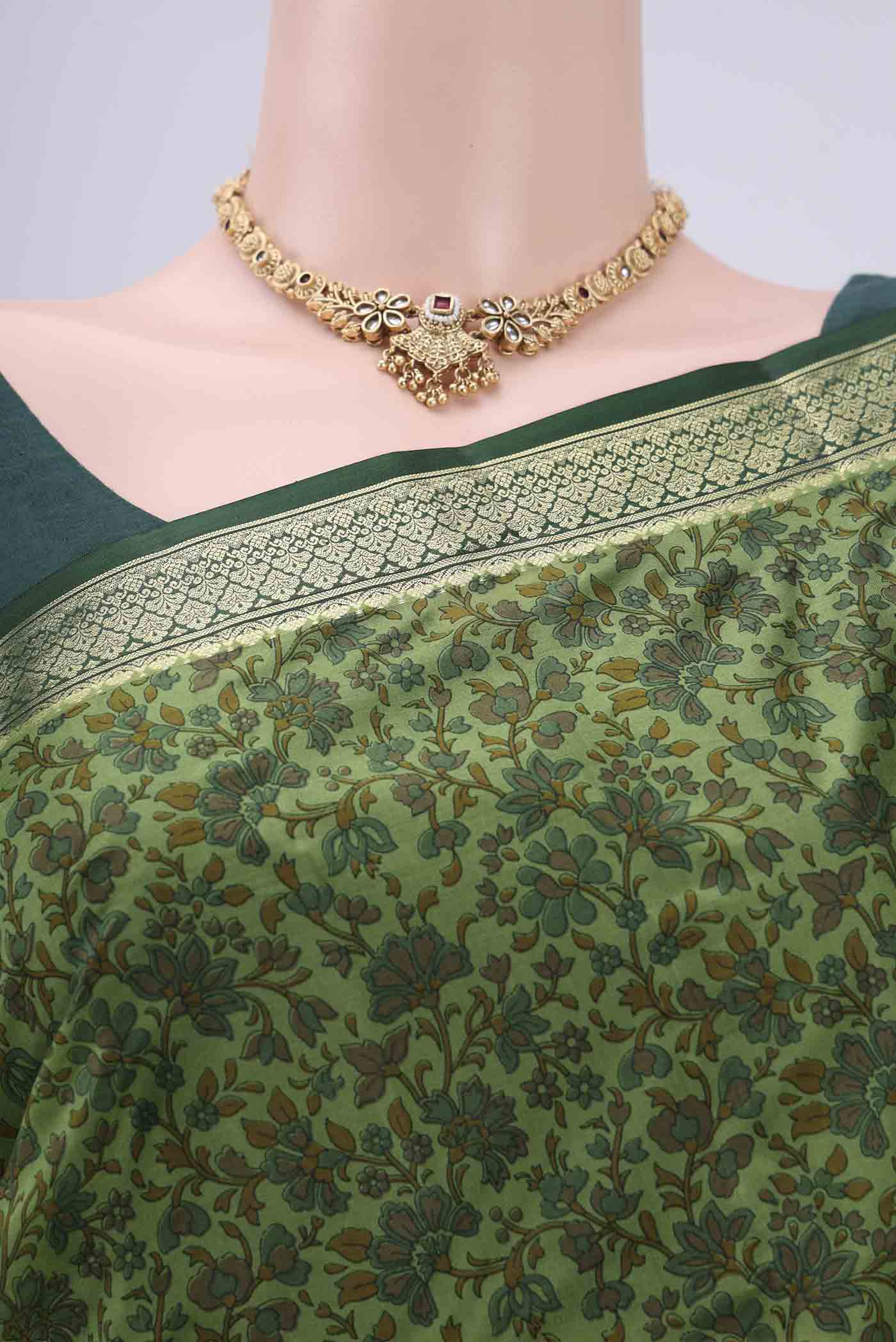 Sage Green Printed Silk Saree - Image 2