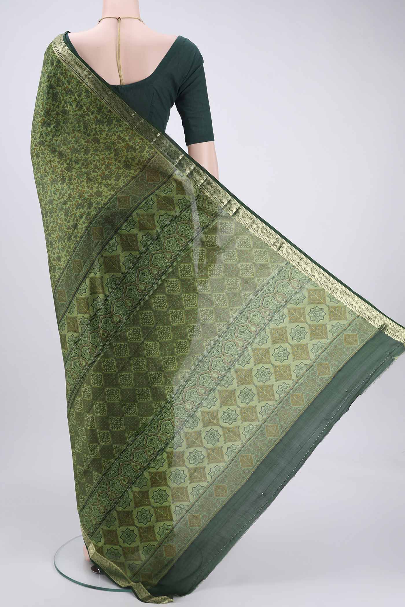 Sage Green Printed Silk Saree - Image 3