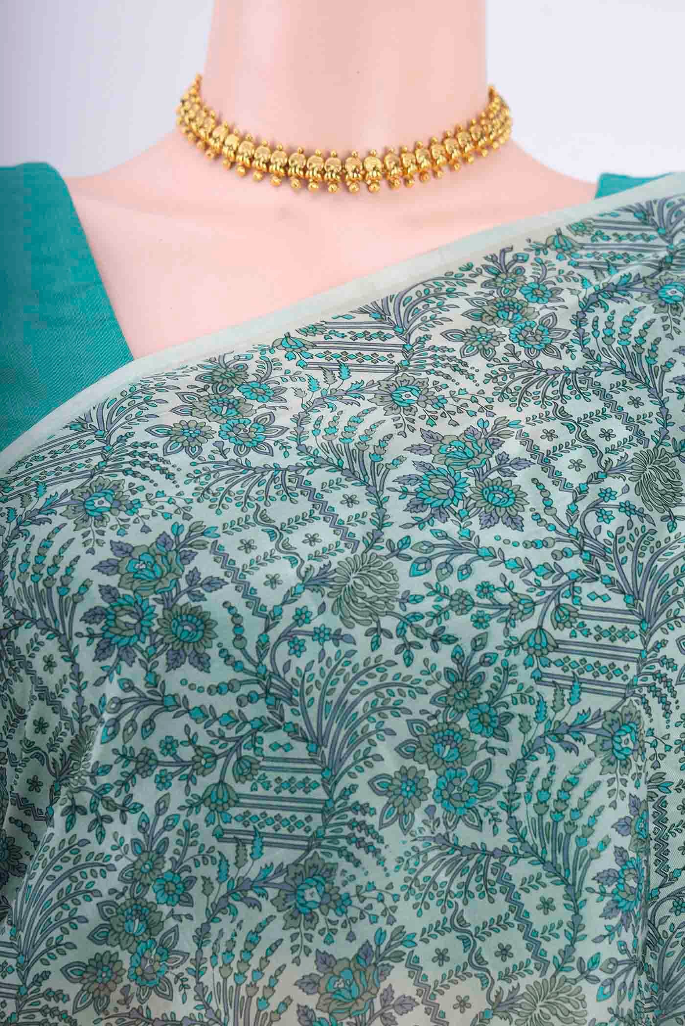 Light Green Printed Silk Saree - Image 2