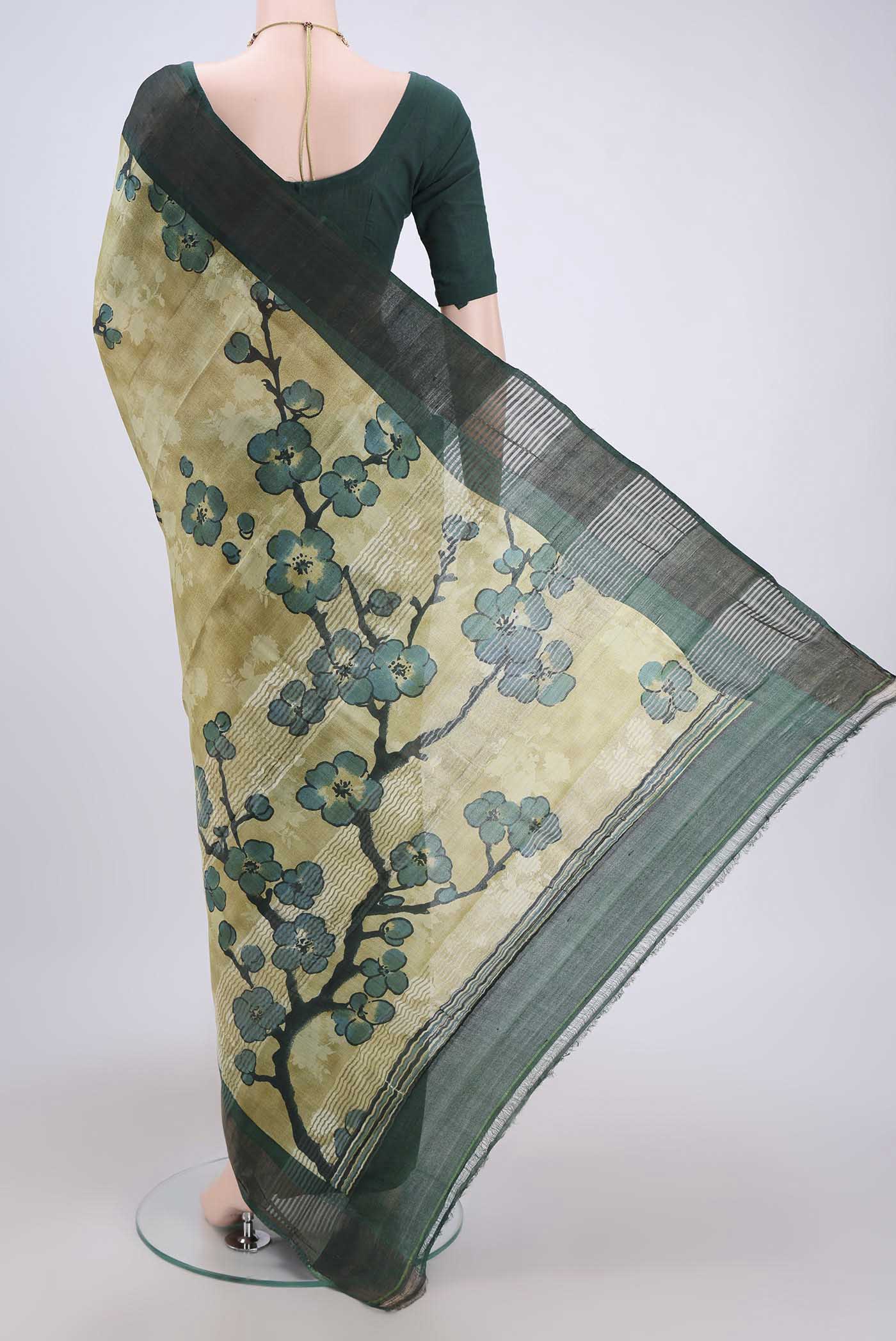 Light Green Tussar Silk Saree - Image 3