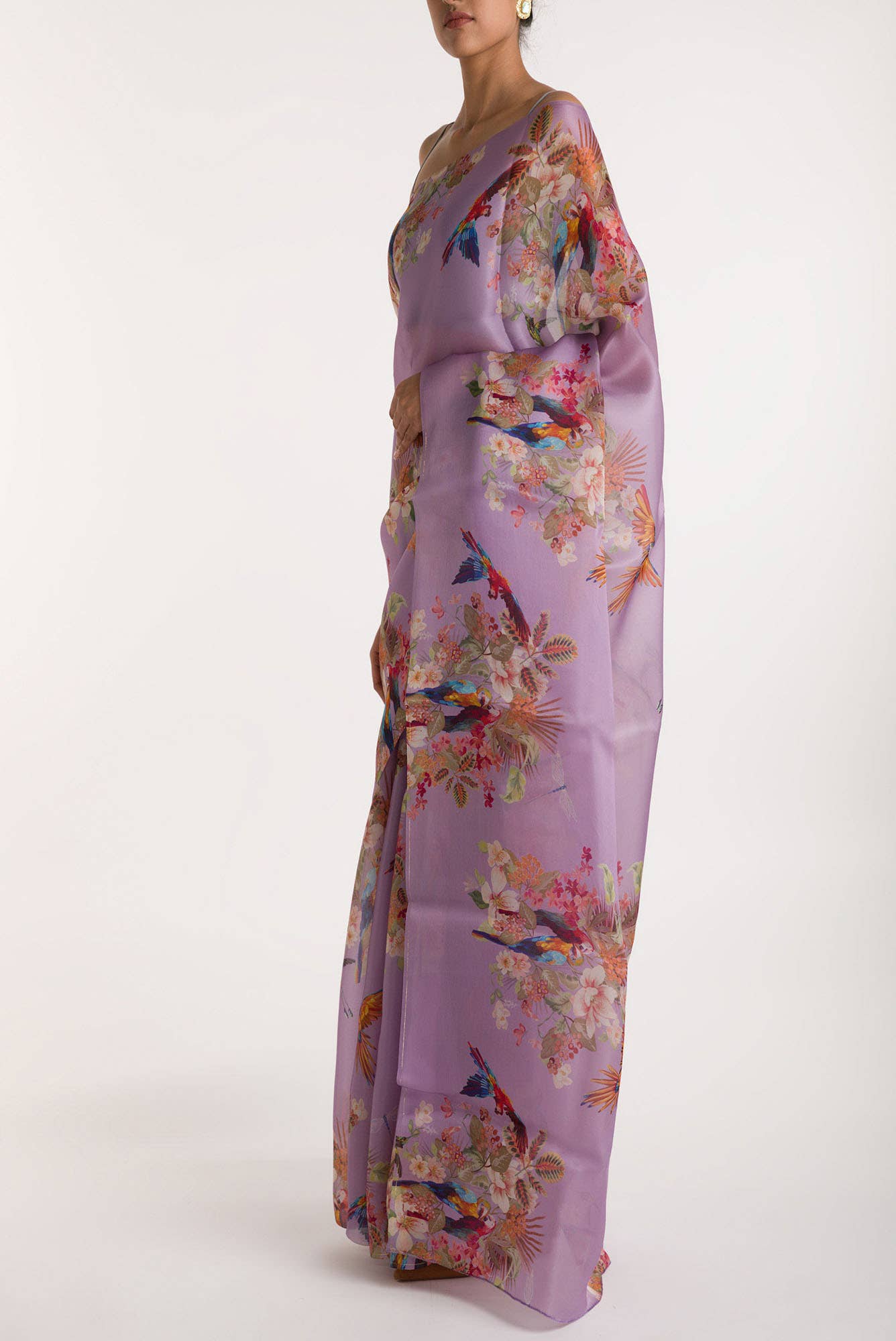Scarlet Macaws Lilac Satin Organza Saree - Image 4