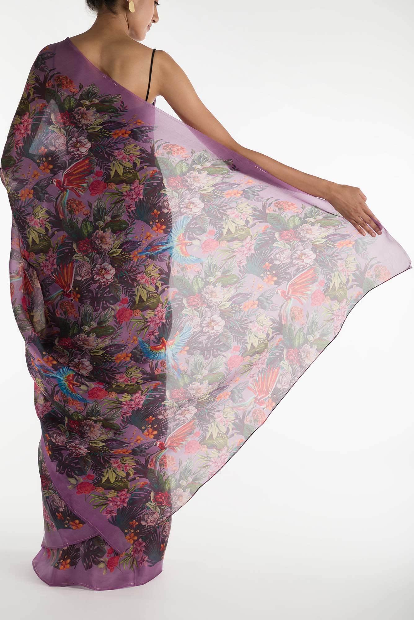 Hyacinth Macaws Deep Lilac Satin Organza Saree - Image 3