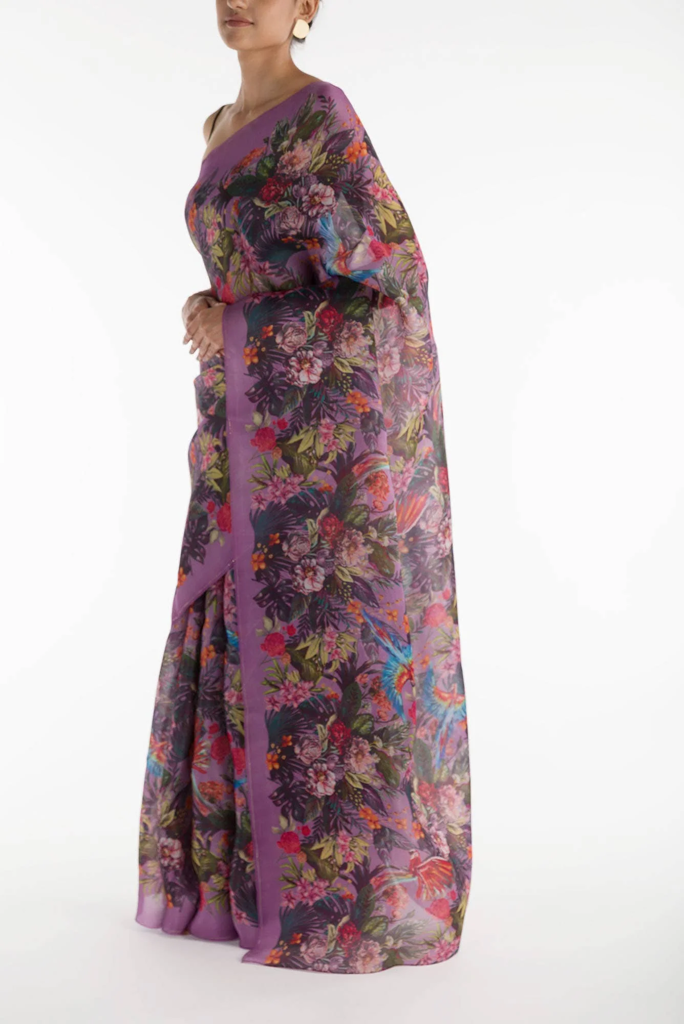 Hyacinth Macaws Deep Lilac Satin Organza Saree - Image 4