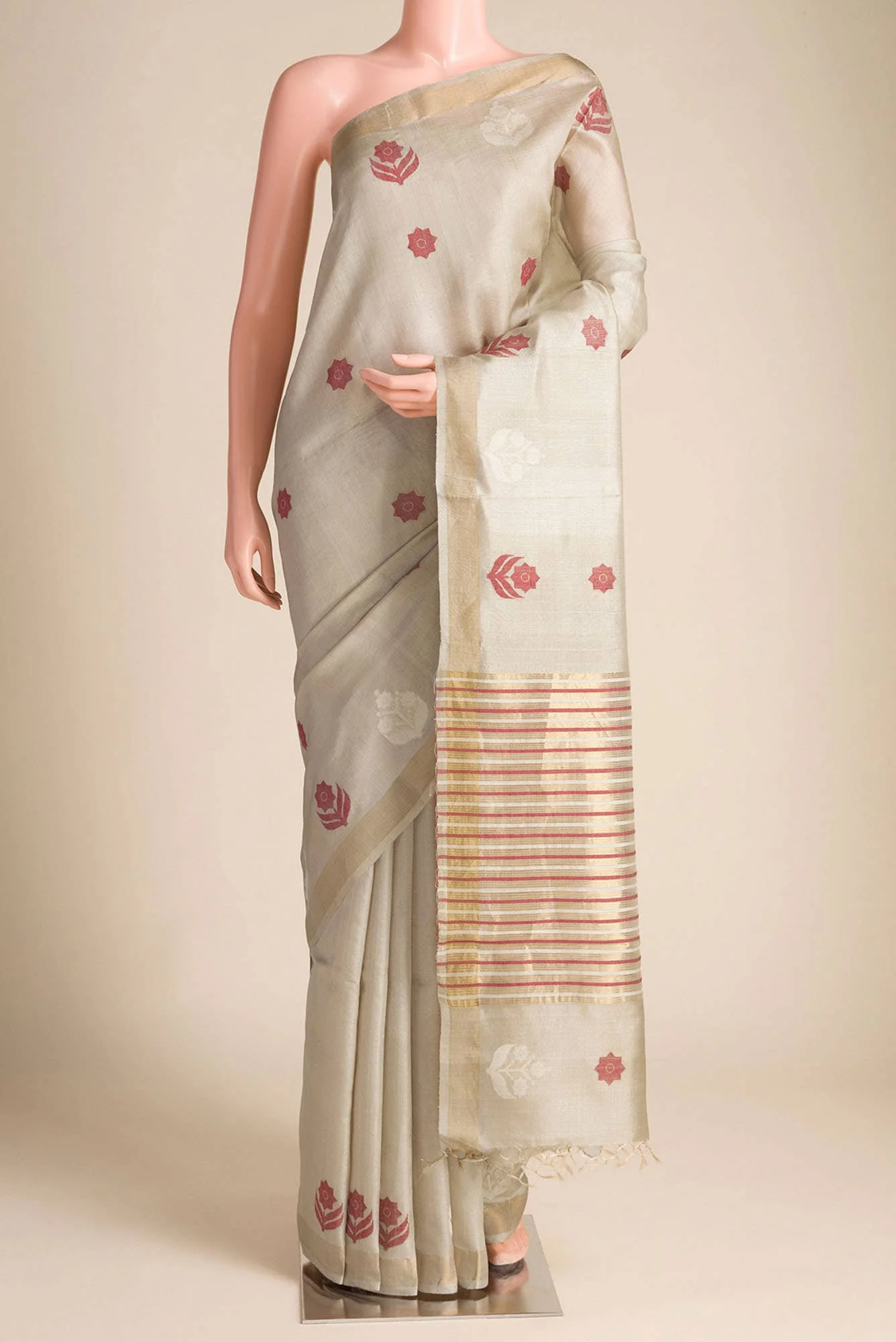 Lost in Fields-Beige Bhagalpuri Tussar Silk Saree - Image 2