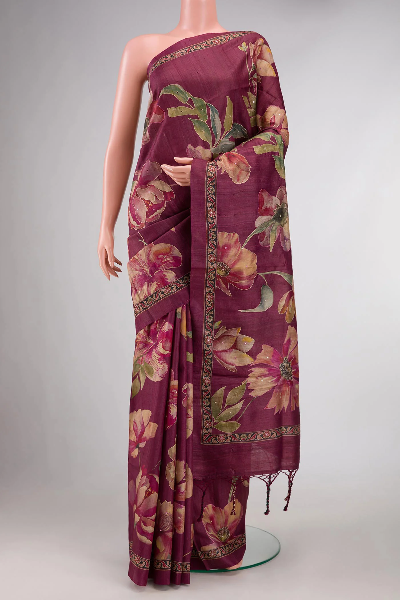 Magenta Dual Tone Tussar Silk Saree