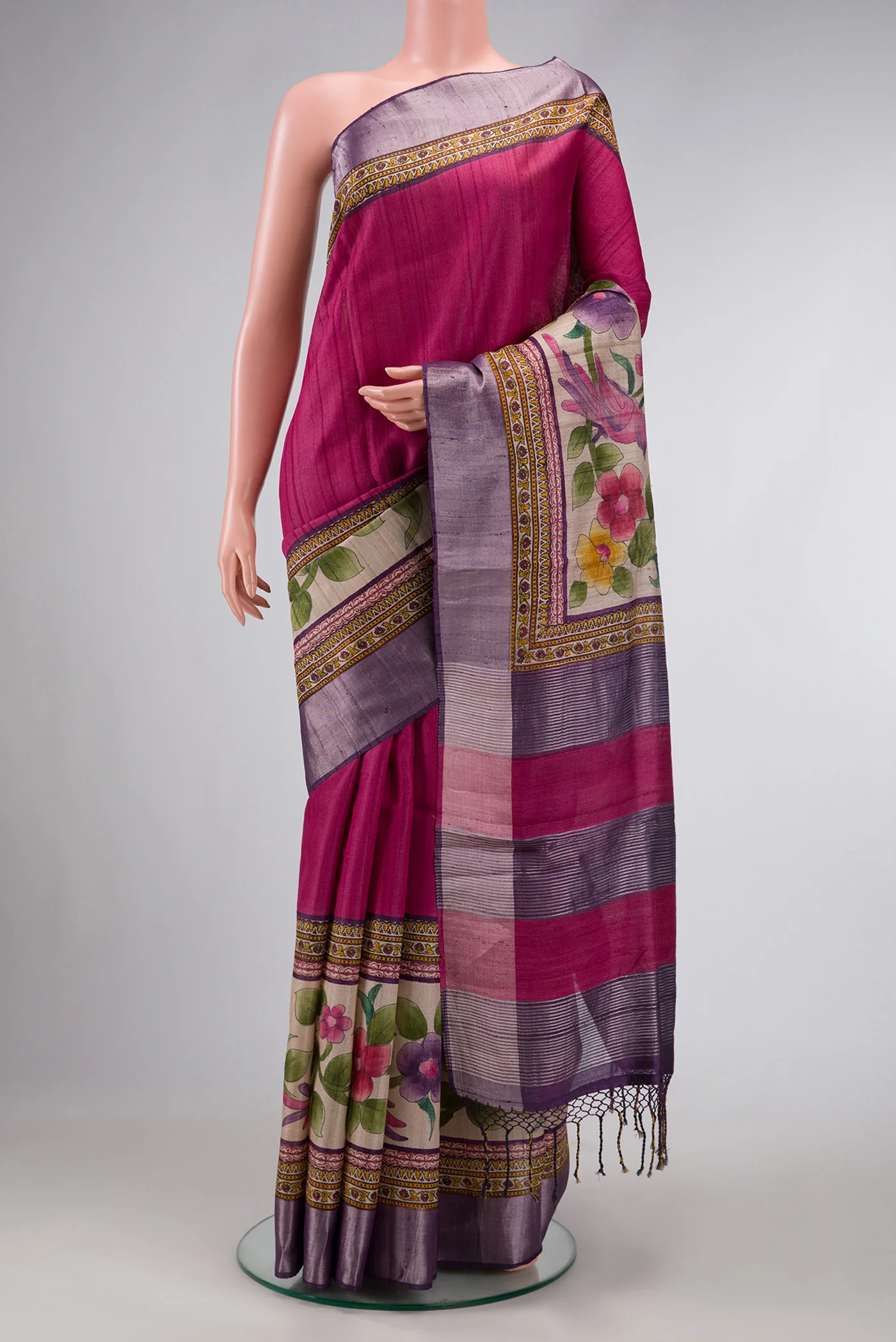 Magenta Tussar Silk Saree