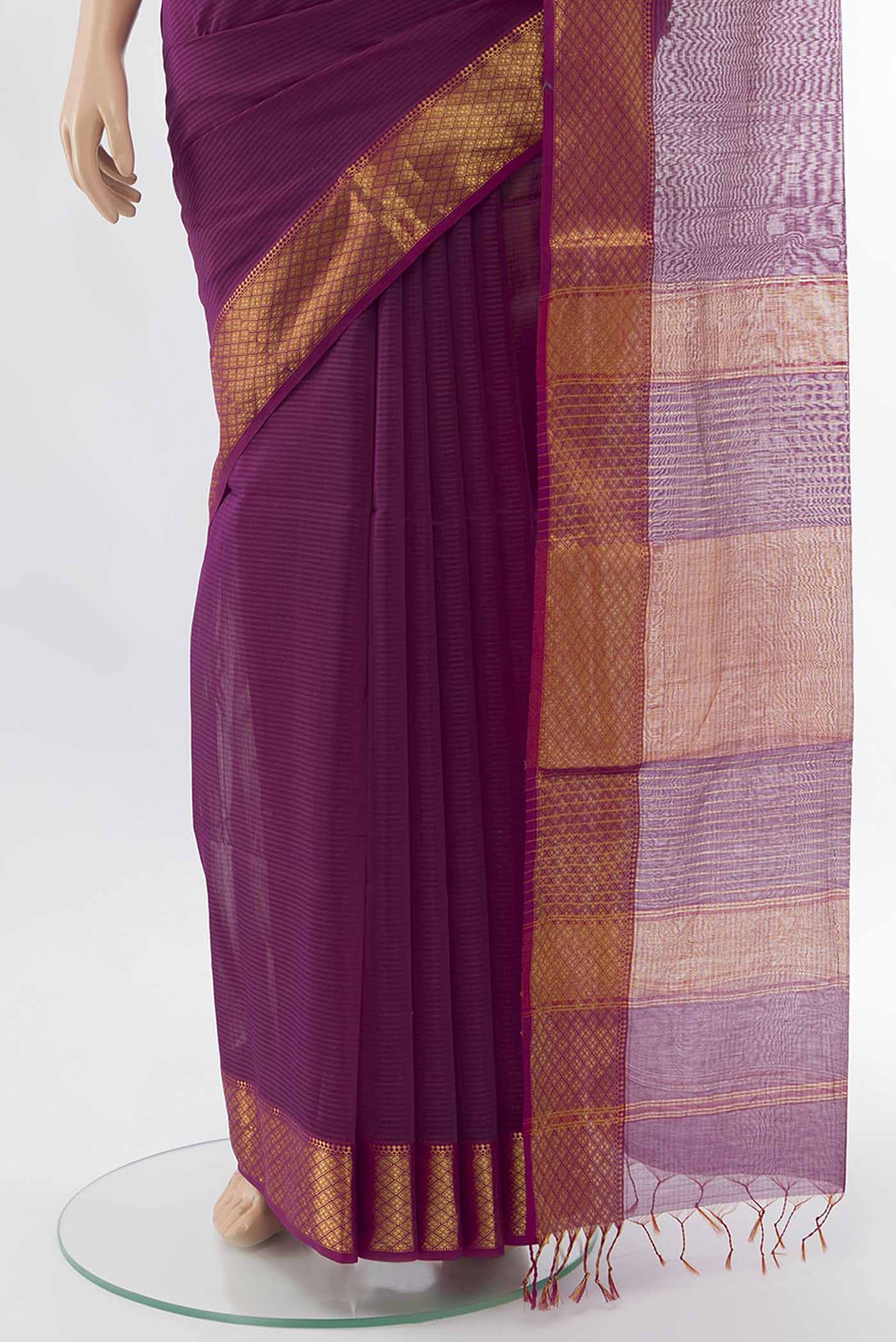 Purple Maheshwari Silk Cotton Saree - Image 3