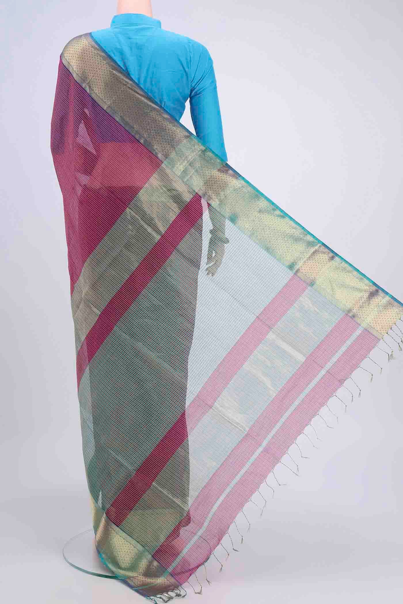 Magenta Maheshwari Silk Cotton Saree - Image 3